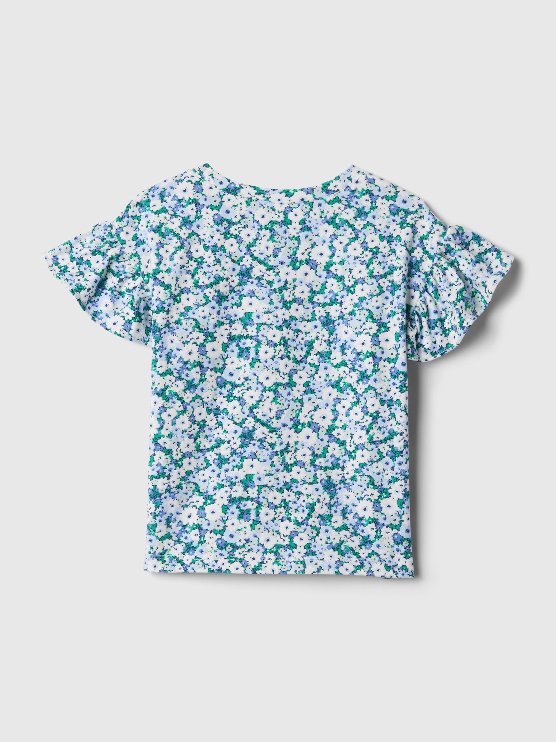 Blue Floral Print Short Flutter Sleeve Crew Neck T-Shirt (3mths-5yrs) - Image 2 of 2