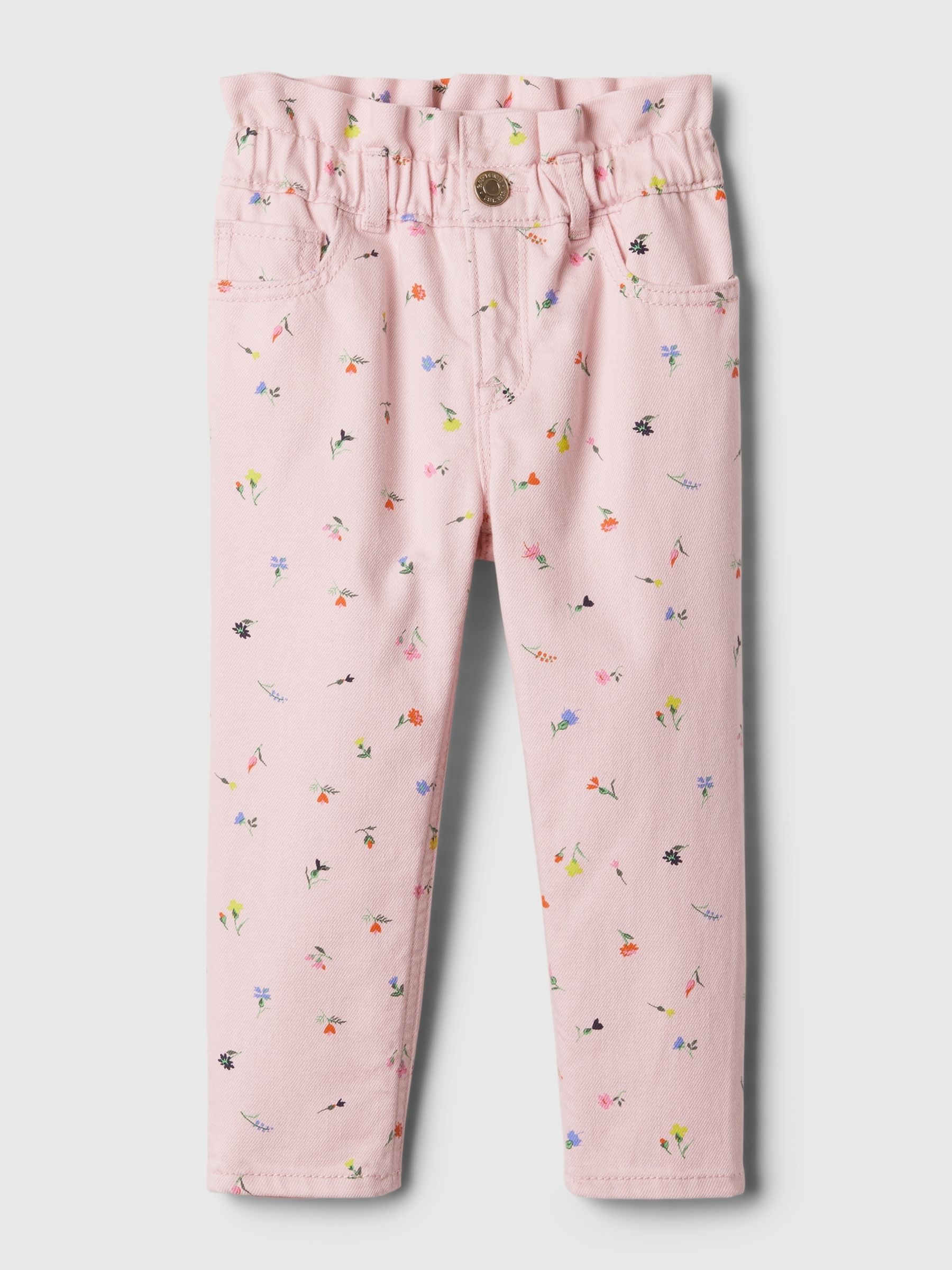 Pink Floral Print Elasticated Paperbag Soft Stretch Mom Jeans (6mths-5yrs) - Image 1 of 3