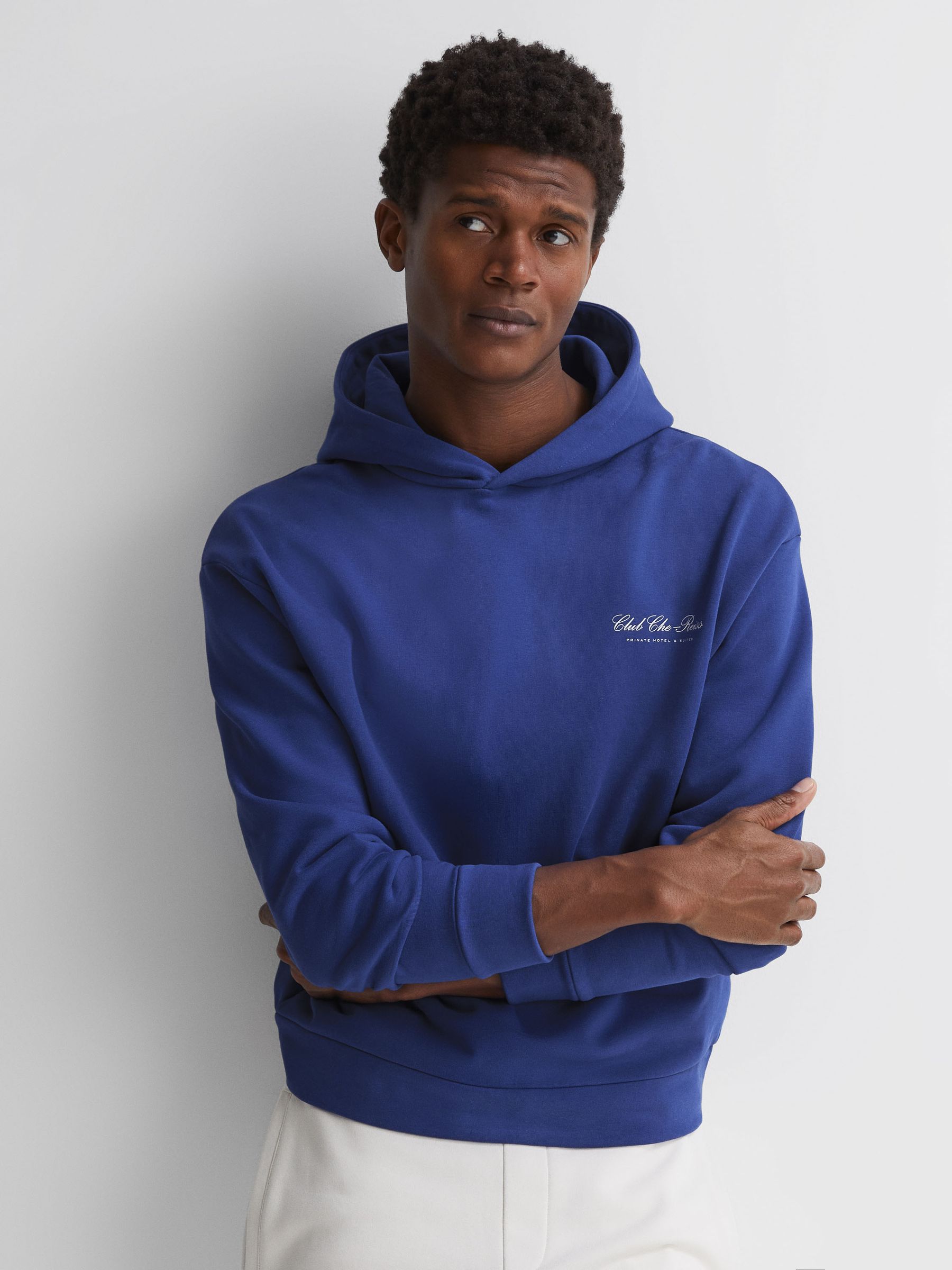 Reiss | Ché Motif Cotton Hoodie in Bright Blue - Image 3 of 6