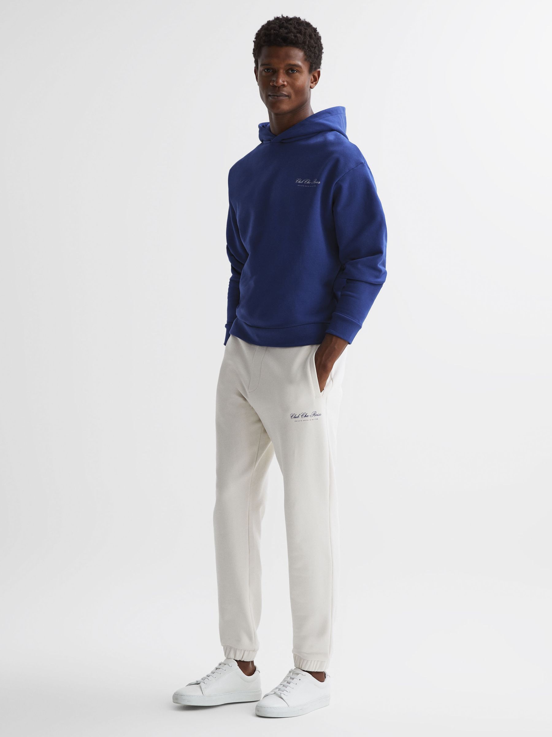Reiss | Ché Motif Cotton Hoodie in Bright Blue - Image 4 of 6