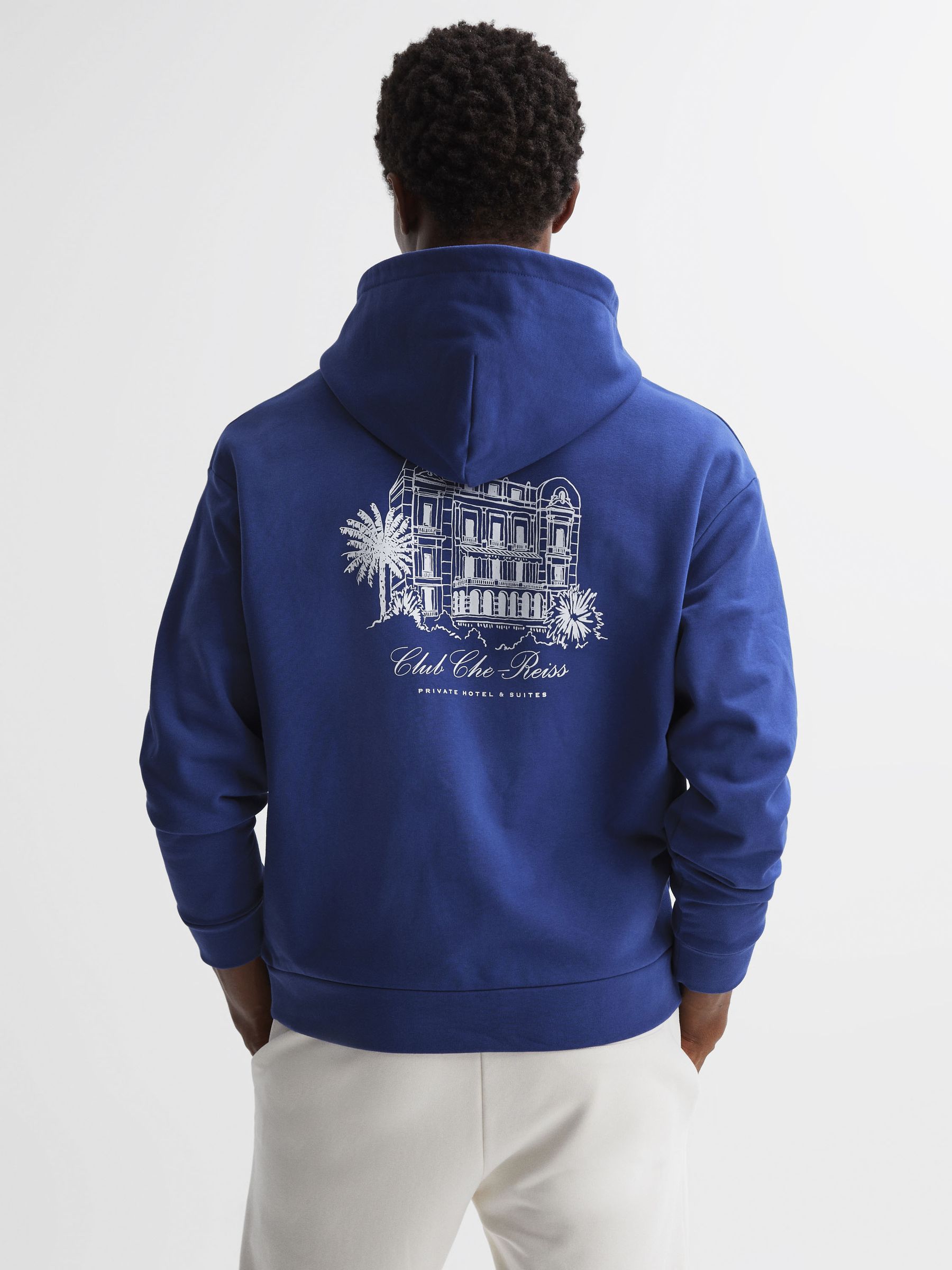 Reiss | Ché Motif Cotton Hoodie in Bright Blue - Image 5 of 6