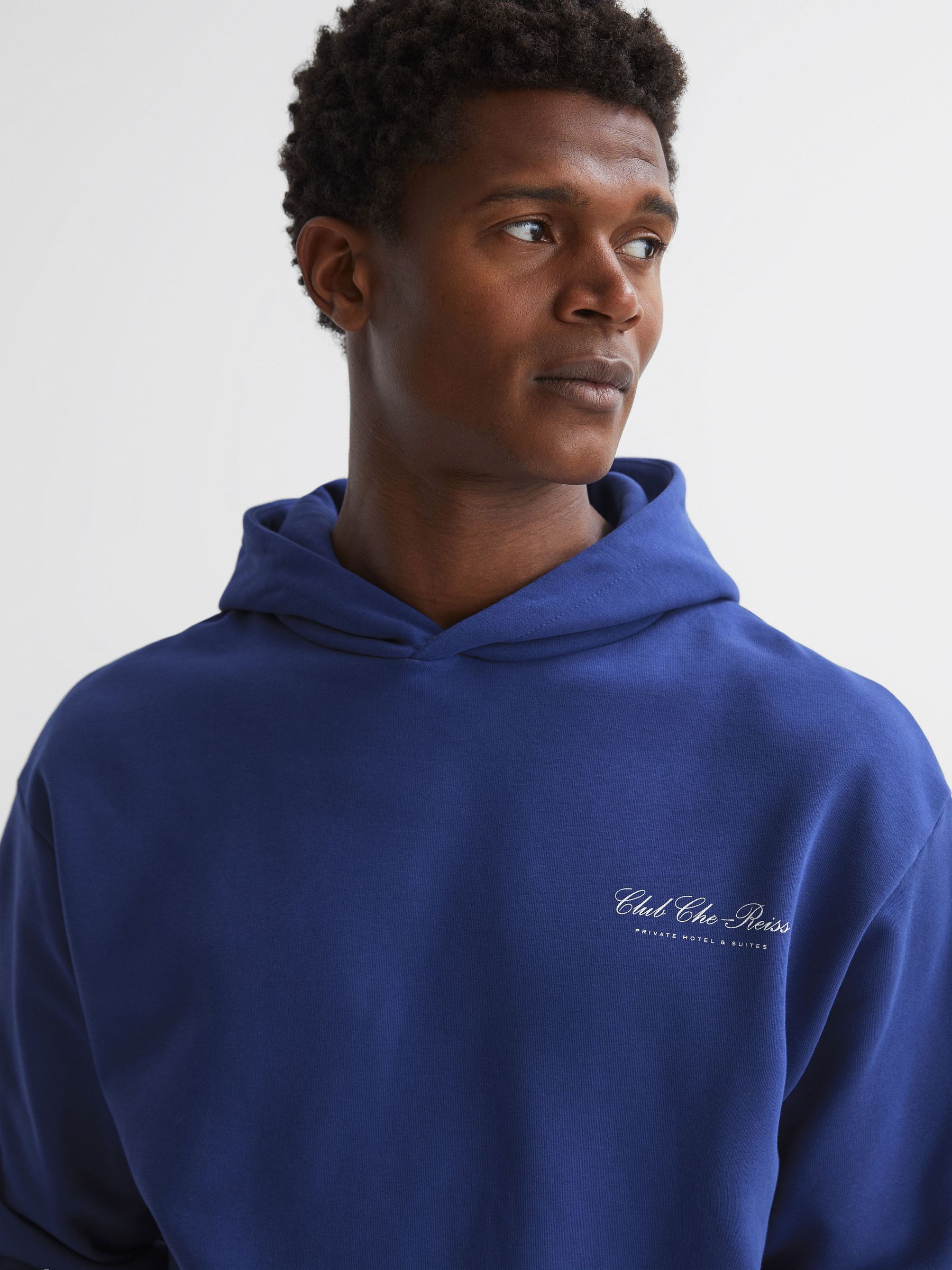 Reiss | Ché Motif Cotton Hoodie in Bright Blue - Image 6 of 6