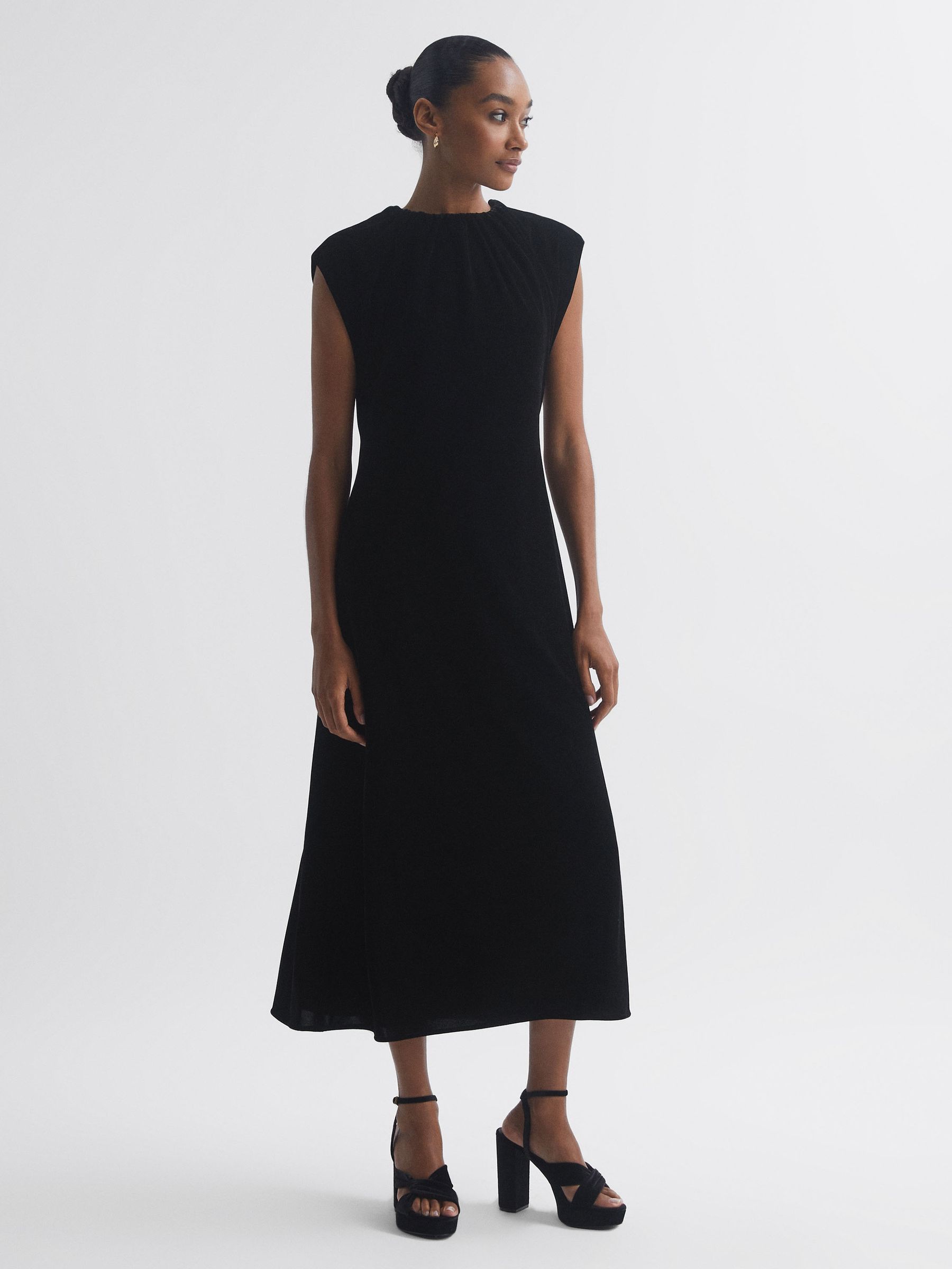 Florere Velvet Tie Neck Midi Dress in Black - Image 4 of 5