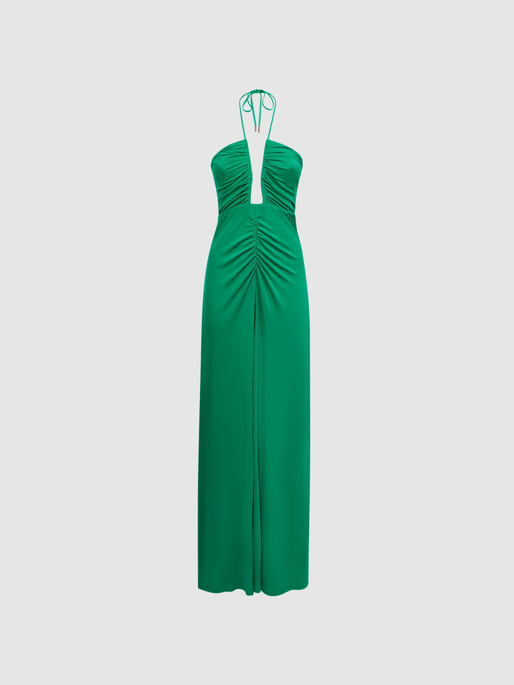 Plunge Halter Neck Maxi Dress in Green - Image 2 of 5