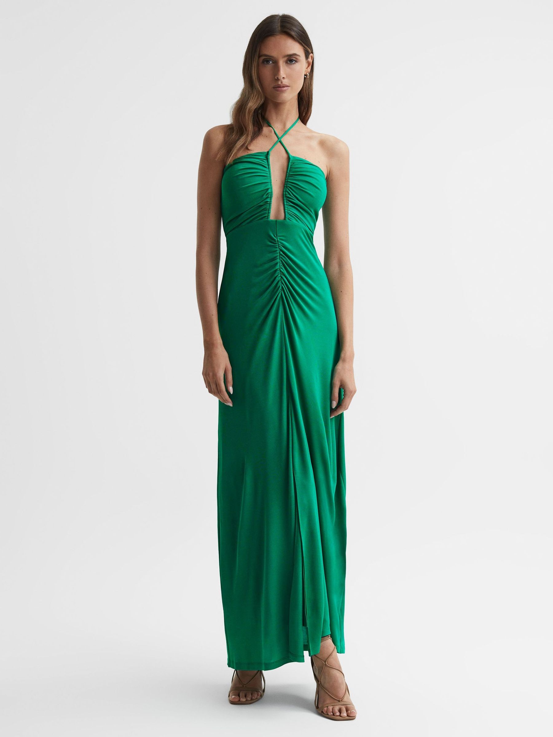 Plunge Halter Neck Maxi Dress in Green - Image 3 of 5