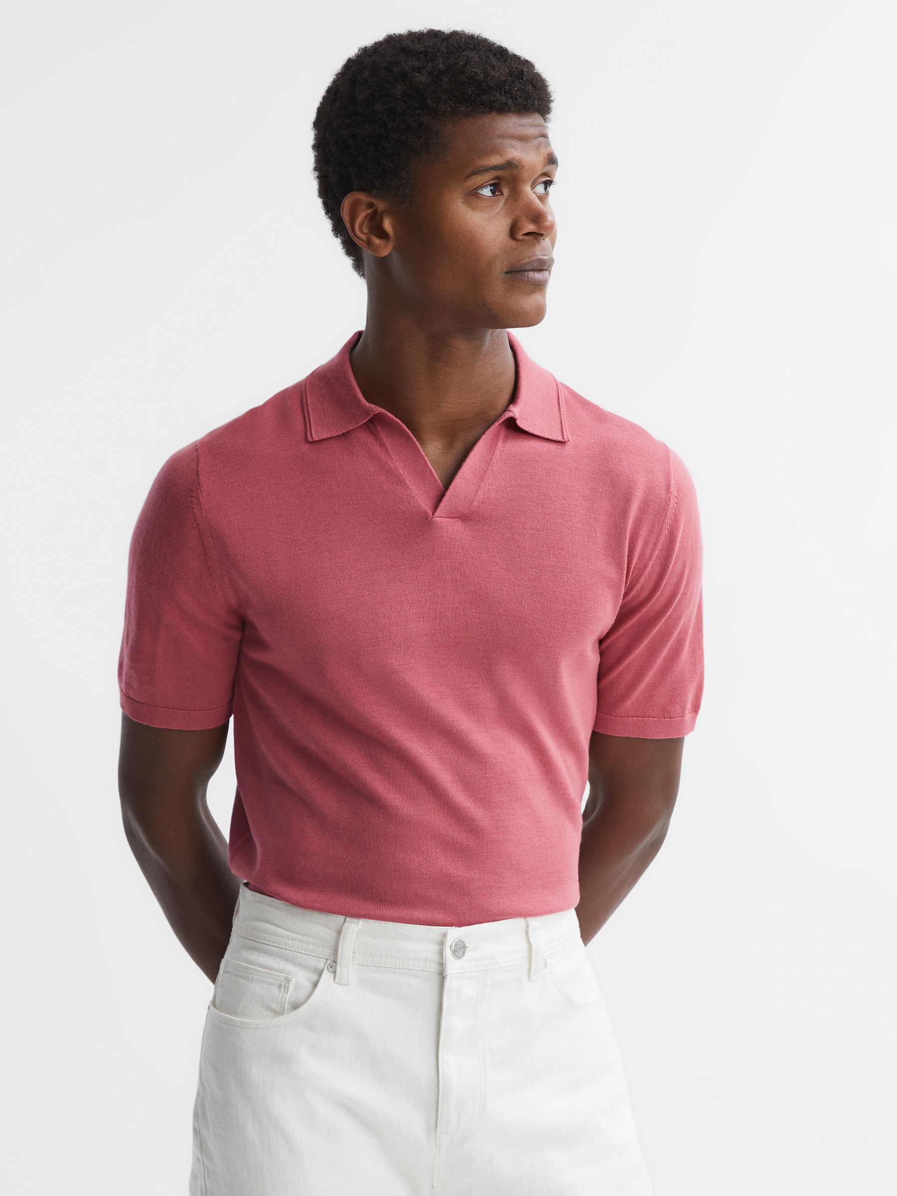 Merino Wool Open Collar Polo Shirt in Coral - Image 1 of 5