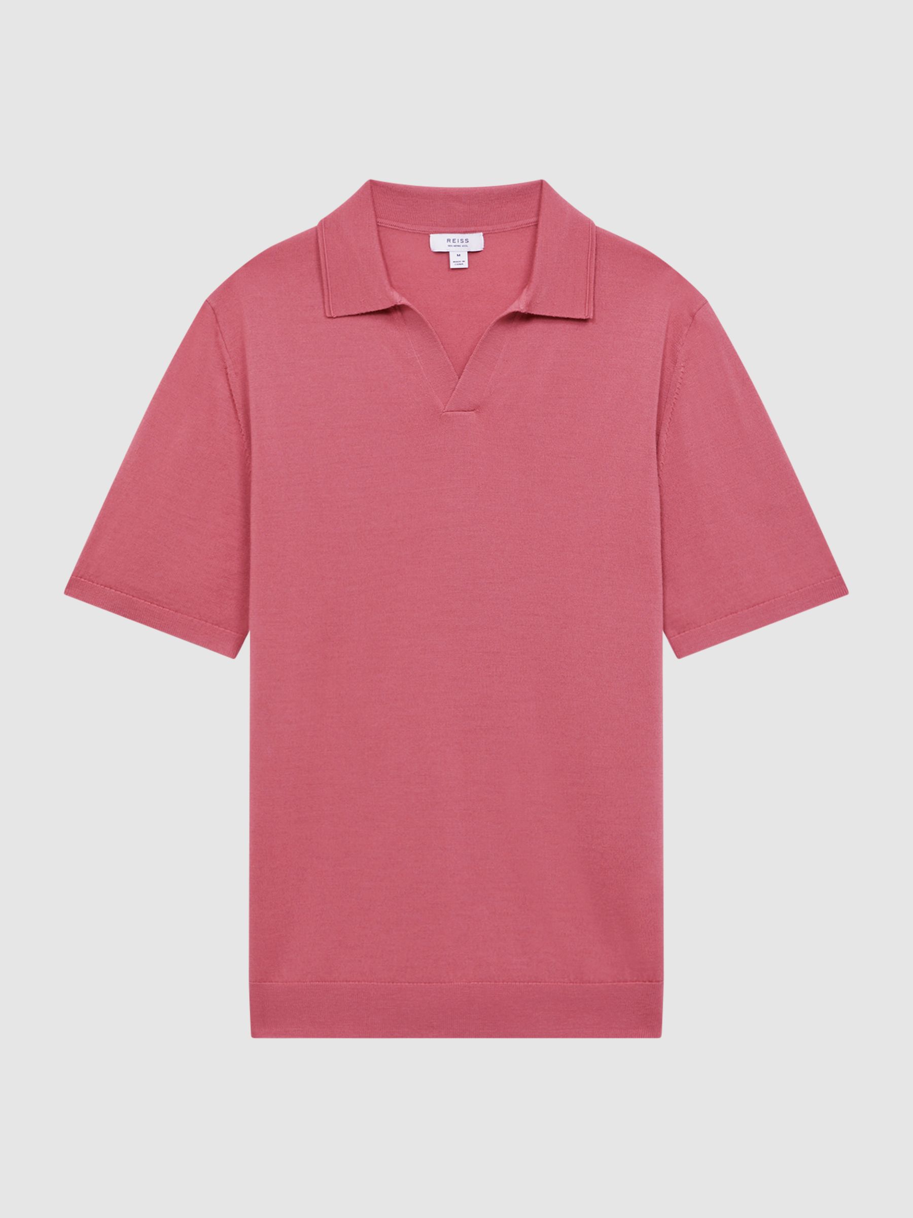 Merino Wool Open Collar Polo Shirt in Coral - Image 2 of 5