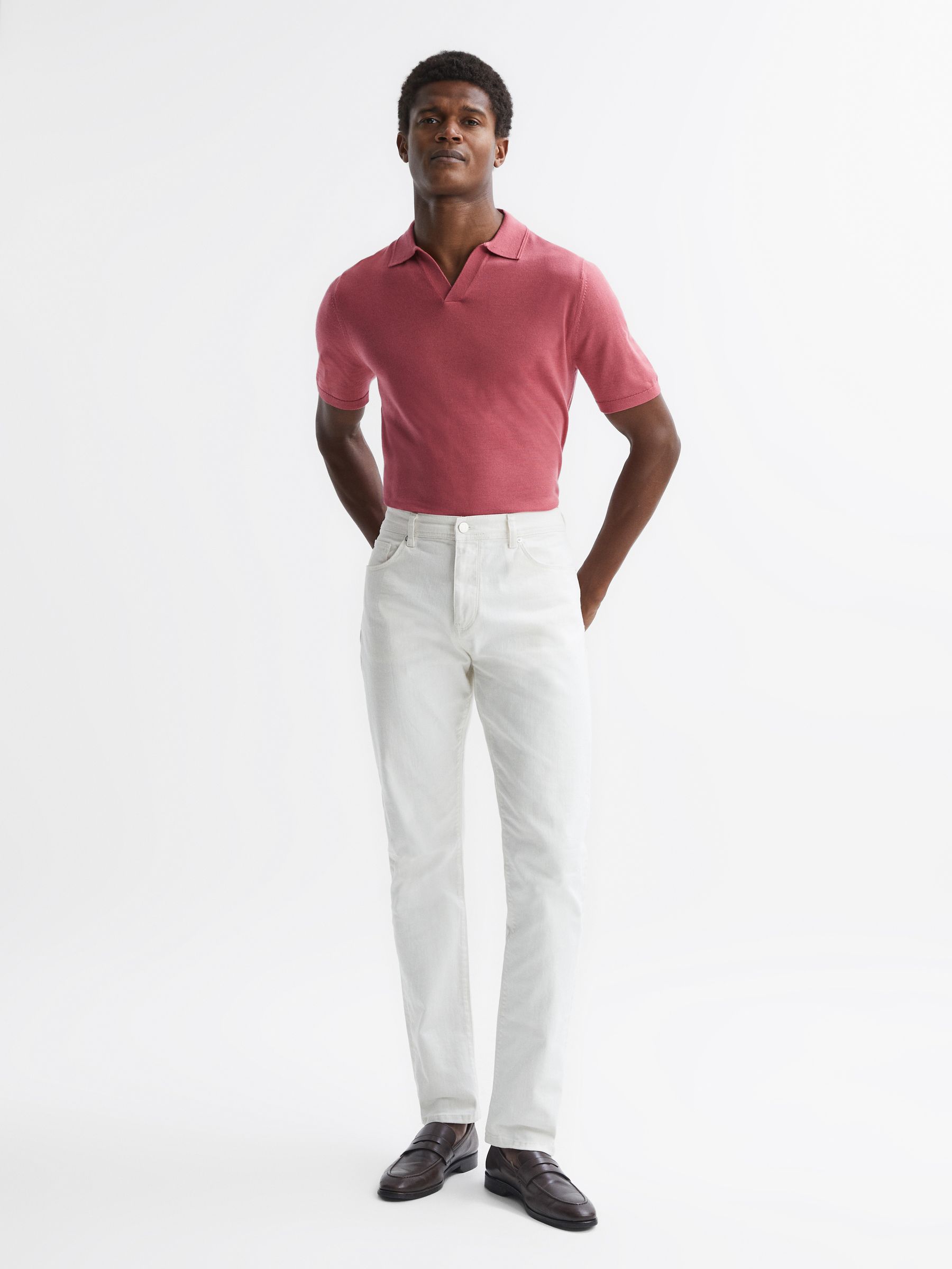 Merino Wool Open Collar Polo Shirt in Coral - Image 3 of 5
