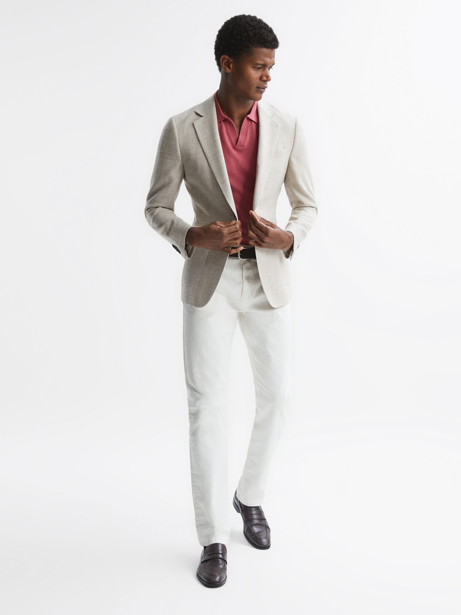 Merino Wool Open Collar Polo Shirt in Coral - Image 4 of 5