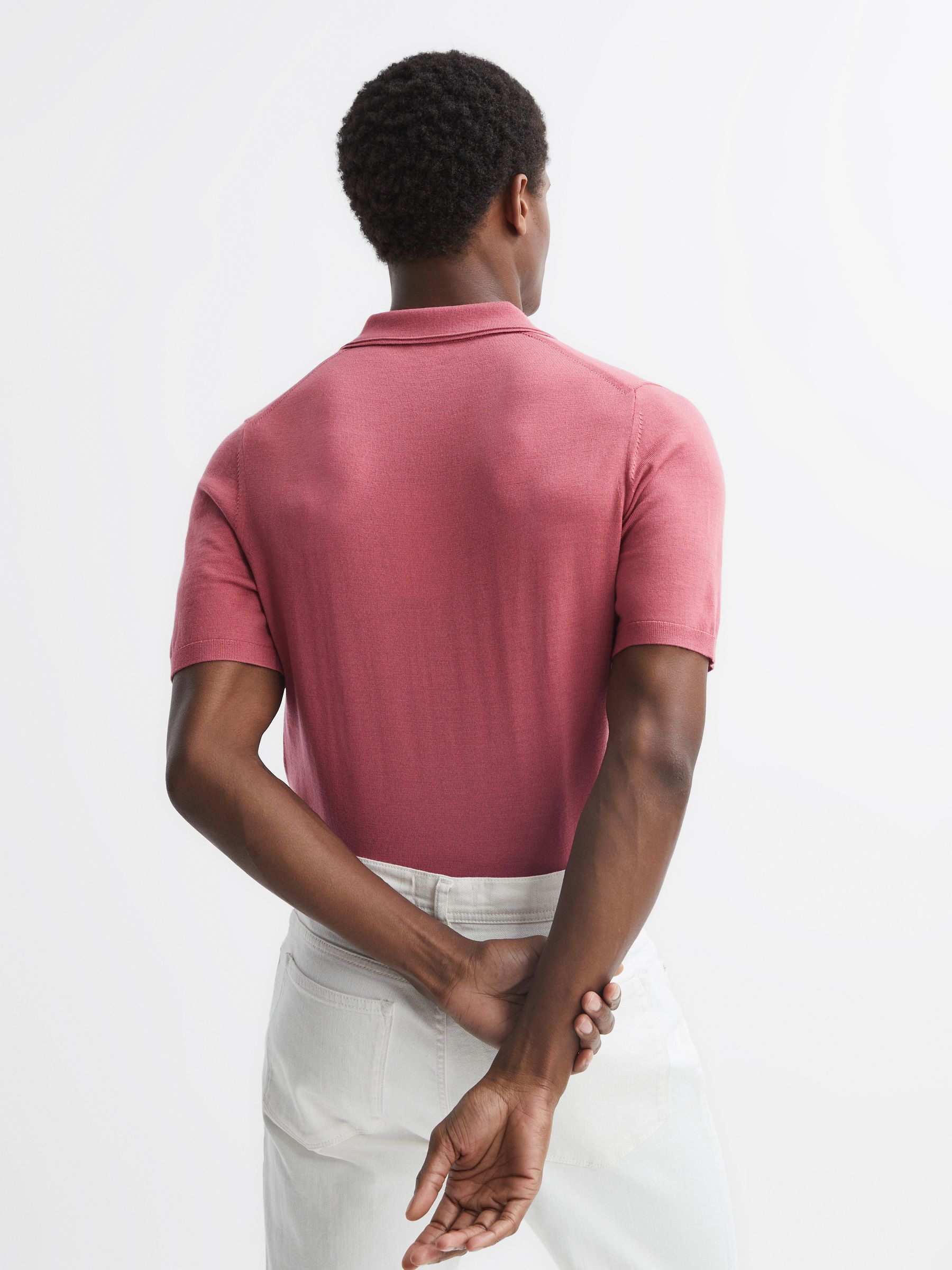 Merino Wool Open Collar Polo Shirt in Coral - Image 5 of 5