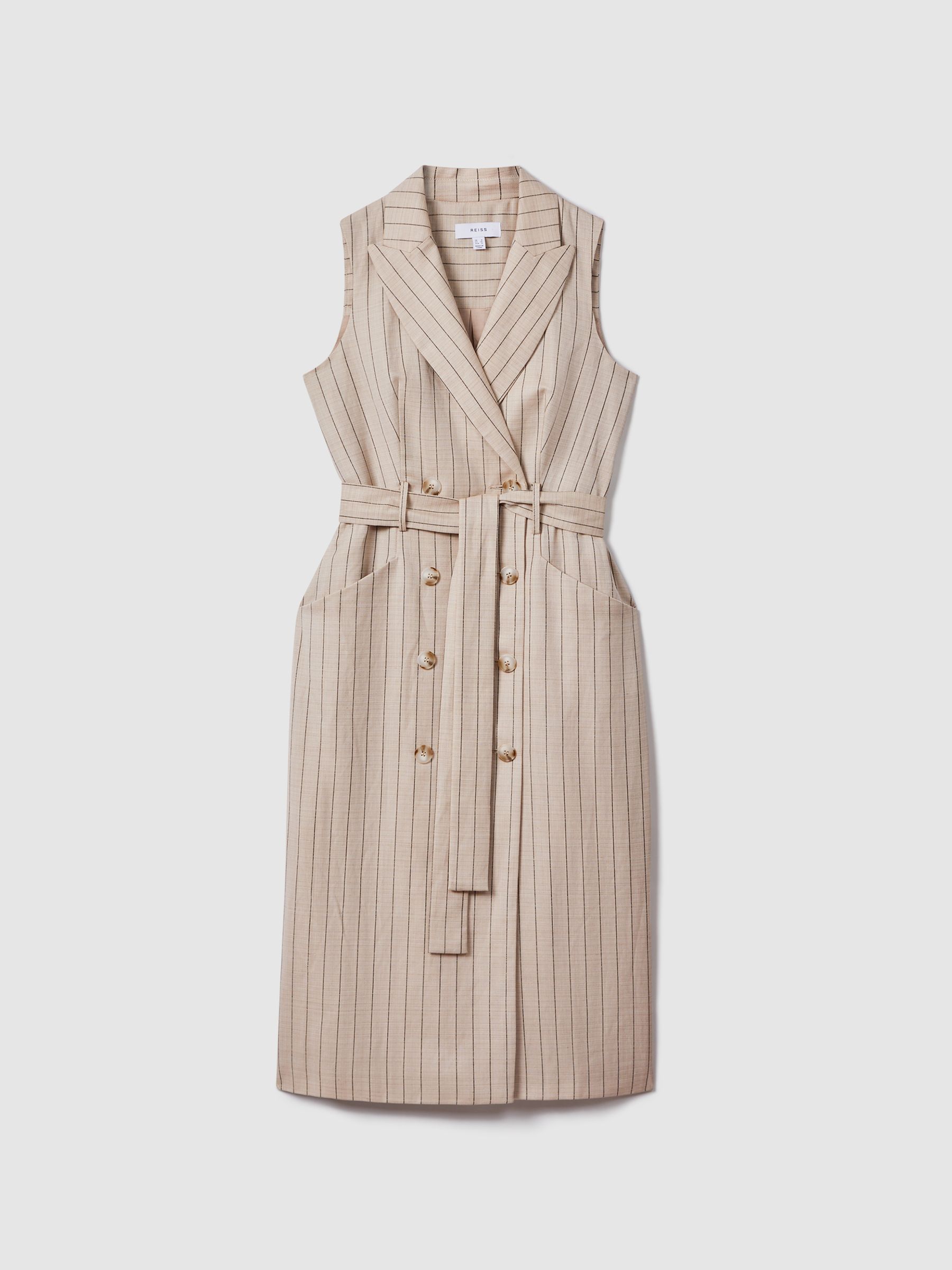 Wool Blend Striped Double Breasted Midi Dress in Neutral - Image 2 of 5
