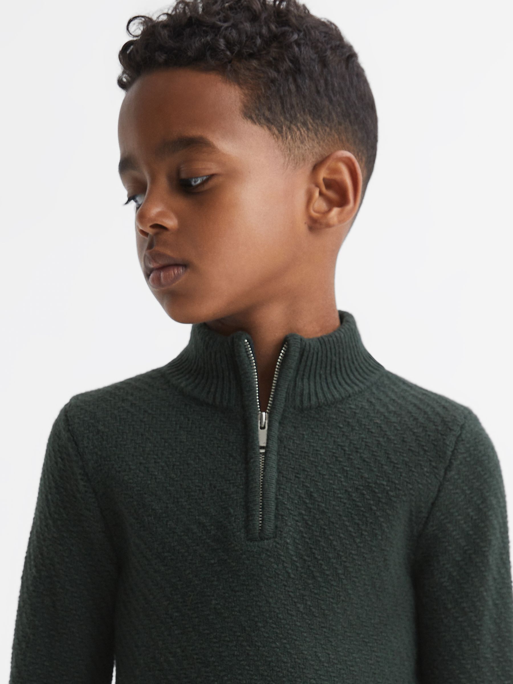Senior Slim Fit Knitted Half-Zip Funnel Neck Jumper in Forest Green - Image 1 of 5