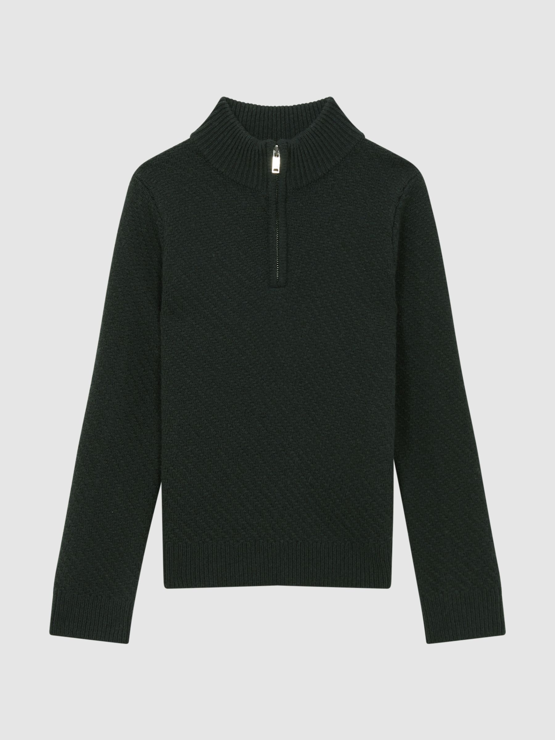 Senior Slim Fit Knitted Half-Zip Funnel Neck Jumper in Forest Green - Image 2 of 5