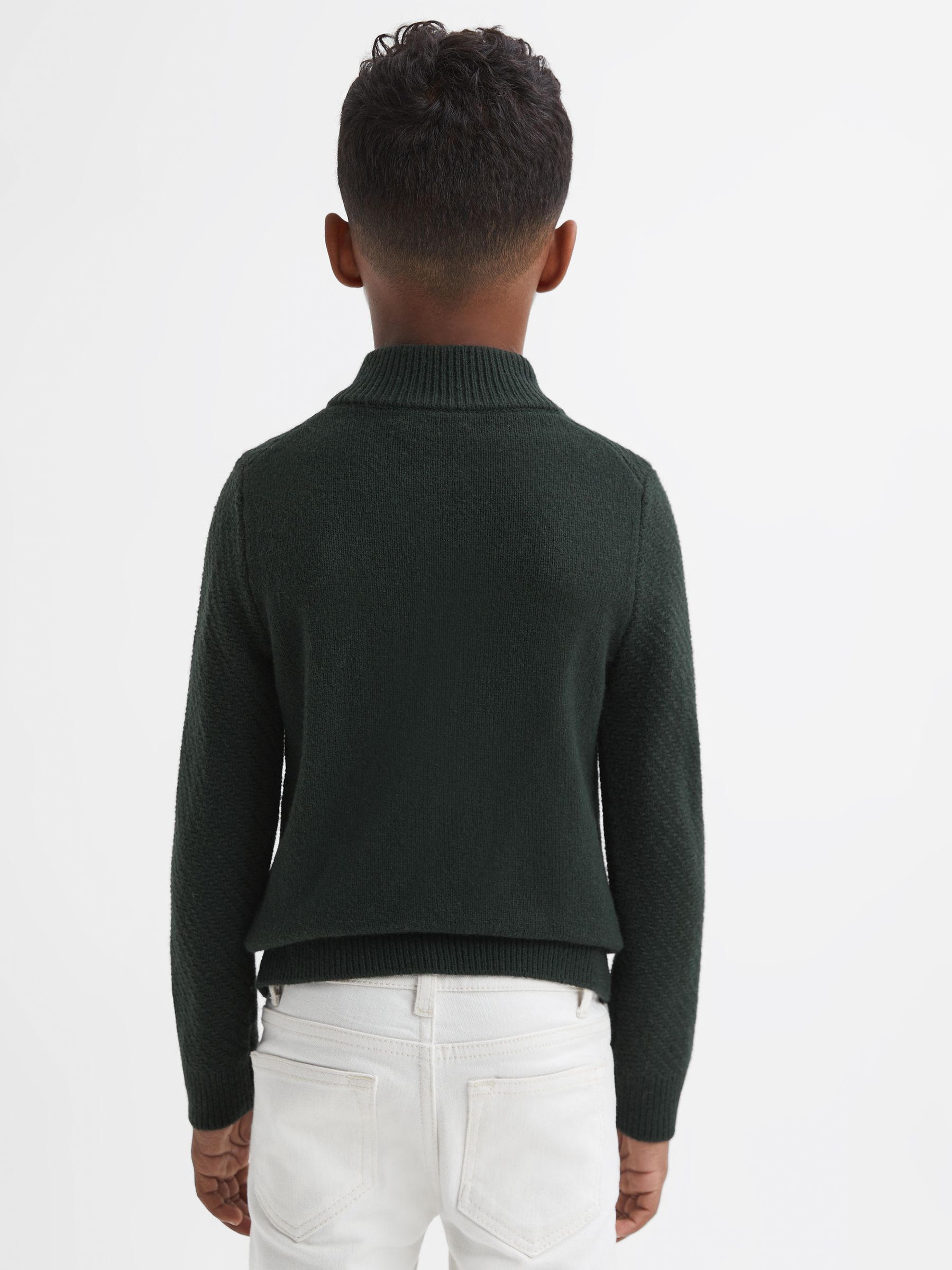 Senior Slim Fit Knitted Half-Zip Funnel Neck Jumper in Forest Green - Image 4 of 5