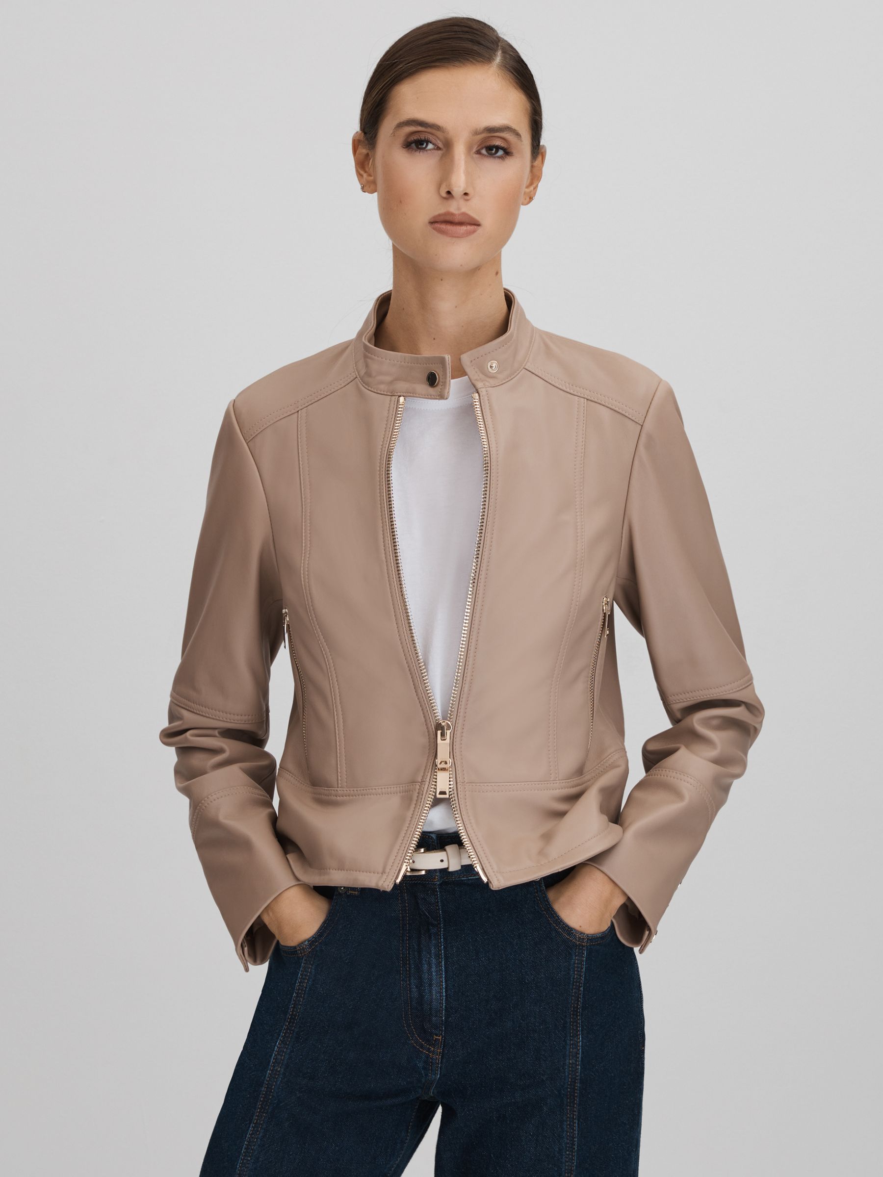 Leather Zip-Front Jacket in Neutral - Image 1 of 7