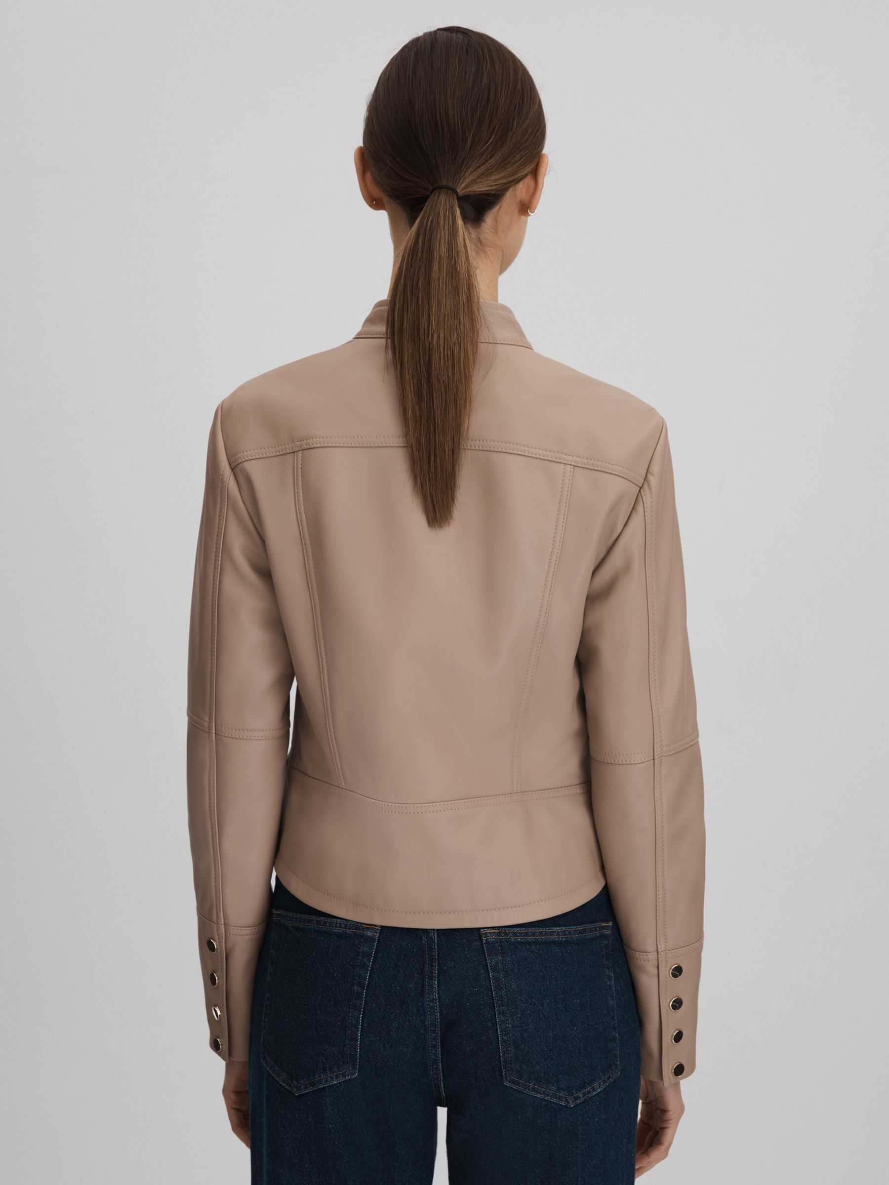 Leather Zip-Front Jacket in Neutral - Image 5 of 7