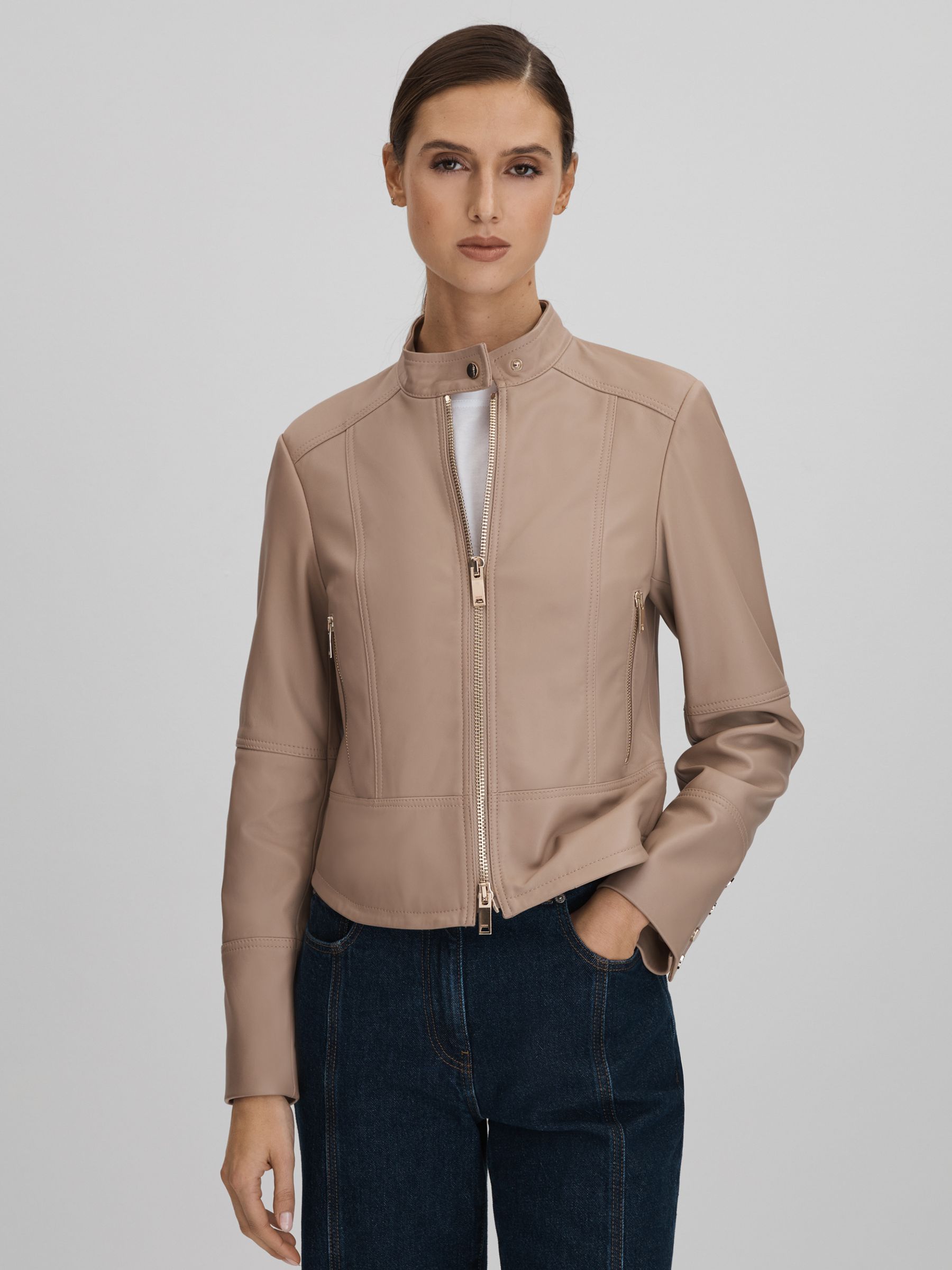 Leather Zip-Front Jacket in Neutral - Image 6 of 7