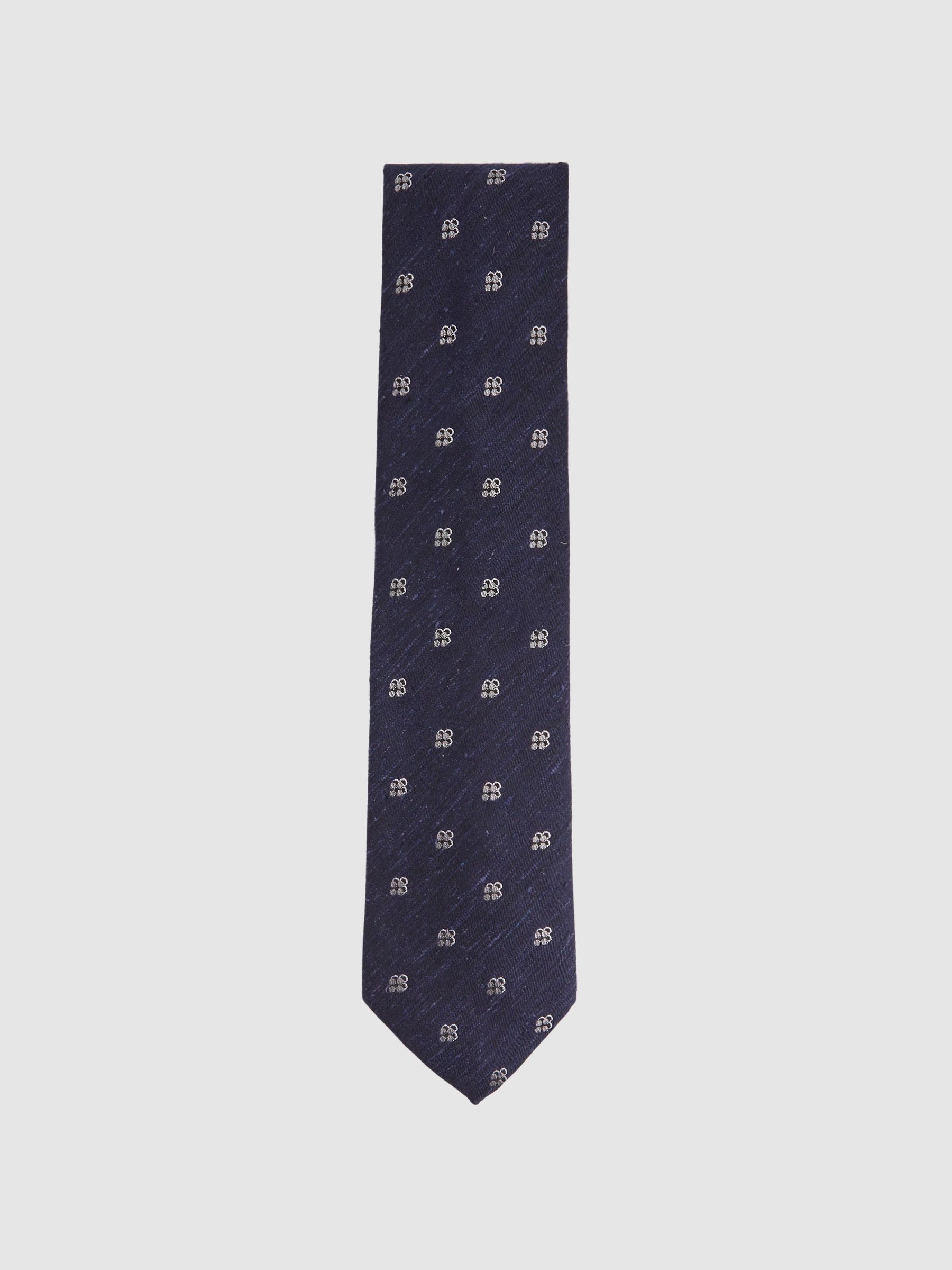 Silk Blend Textured Floral Print Tie in Navy - Image 1 of 4
