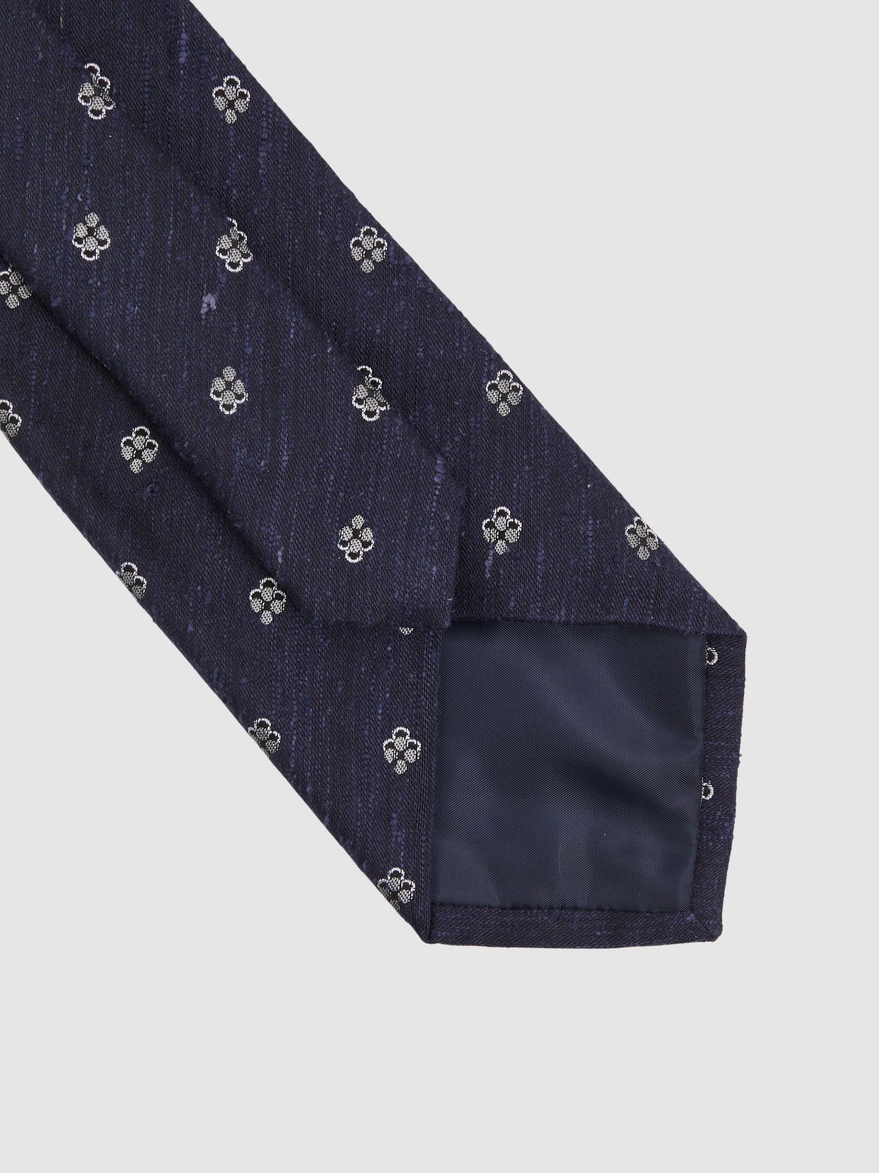Silk Blend Textured Floral Print Tie in Navy - Image 3 of 4