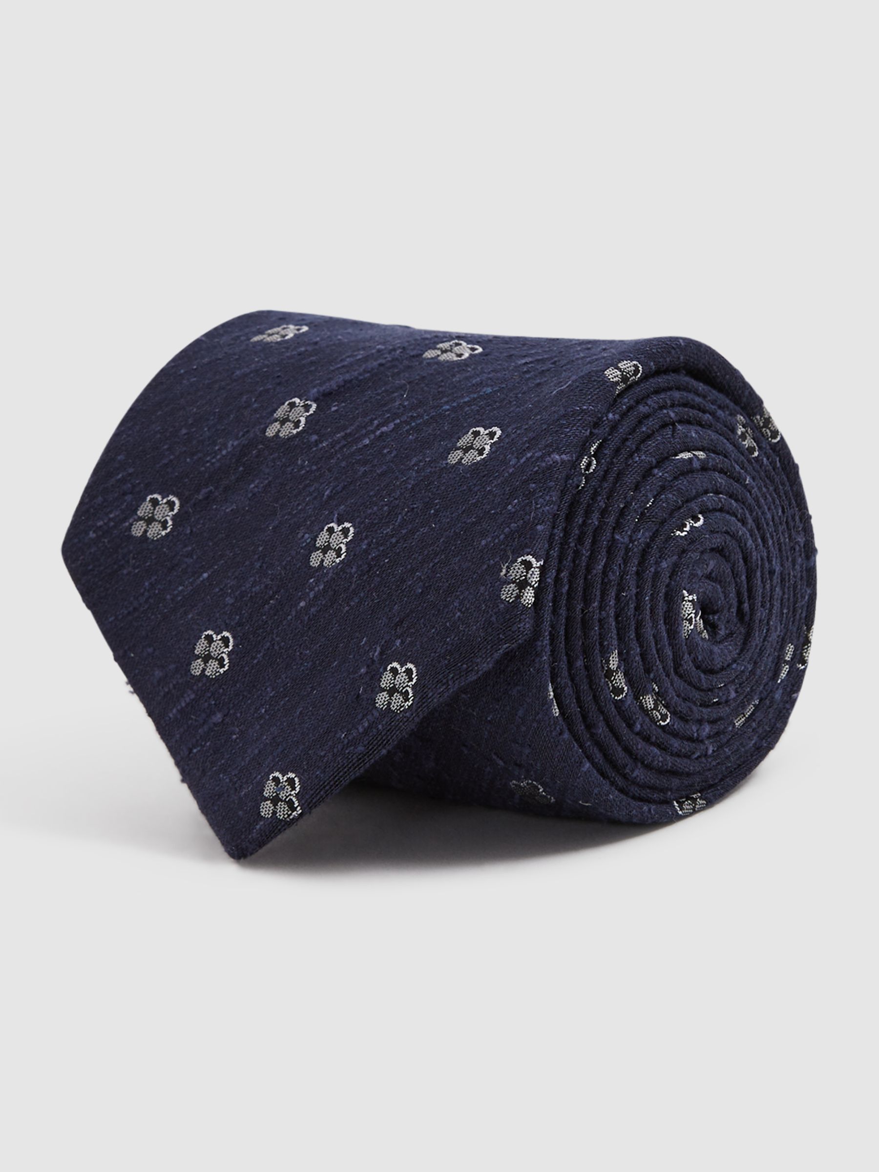 Silk Blend Textured Floral Print Tie in Navy - Image 5 of 6