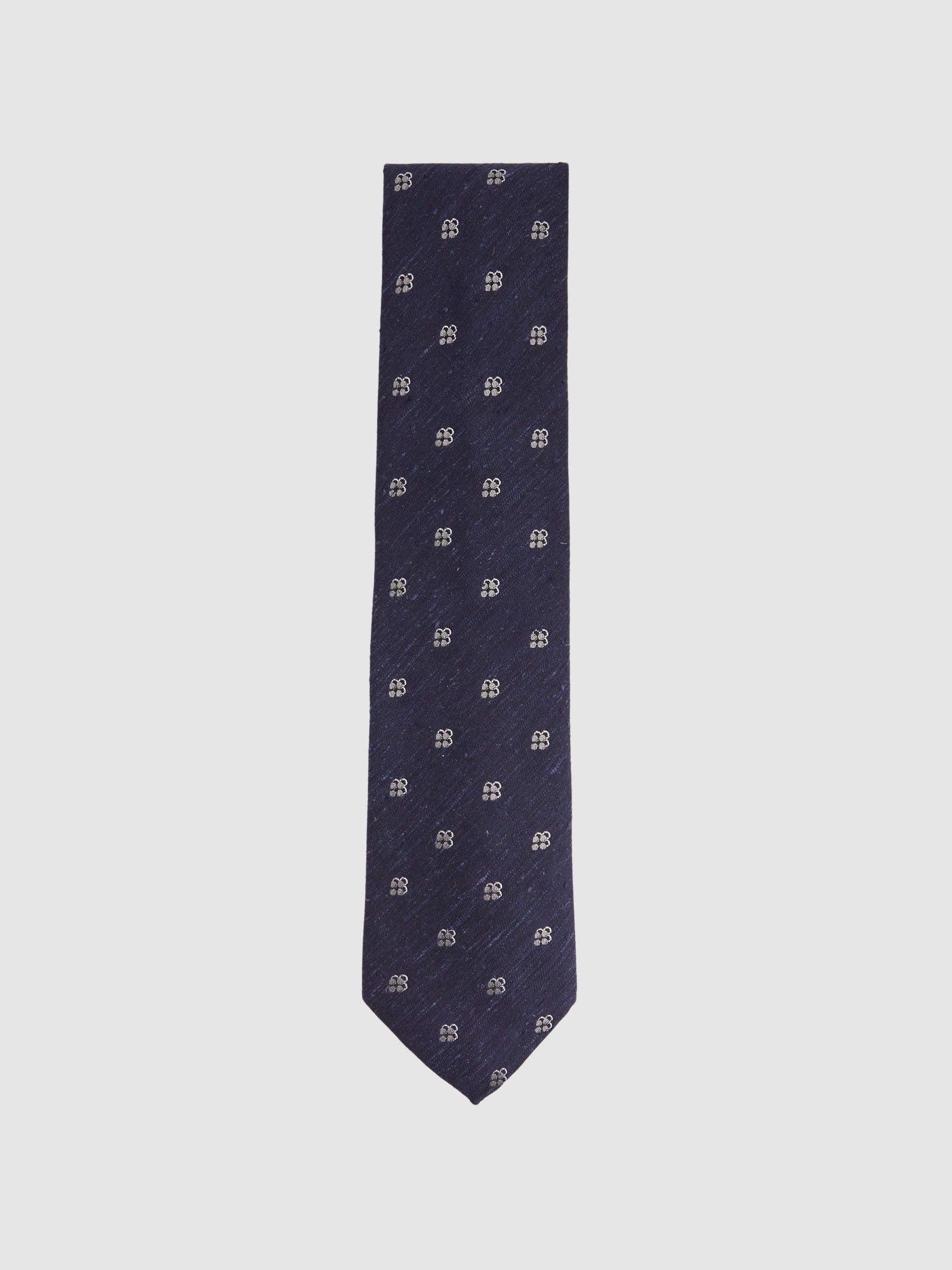 Silk Blend Textured Floral Print Tie in Navy - Image 6 of 6