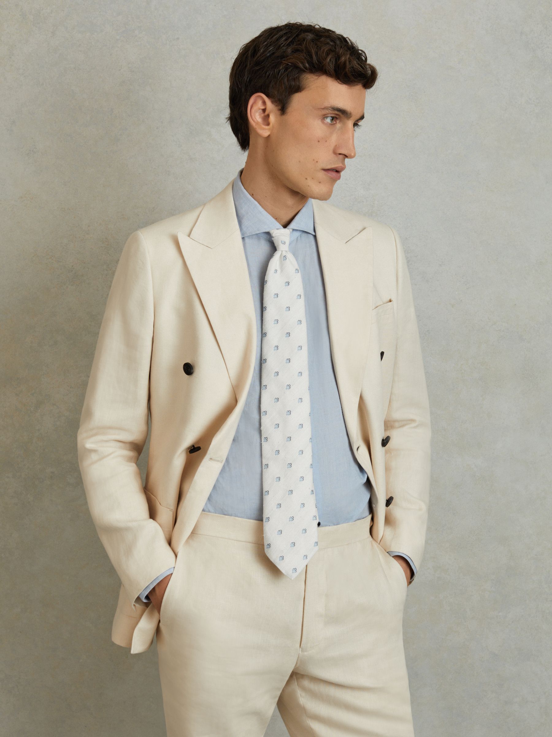 Silk Blend Textured Floral Print Tie in Cream - Image 2 of 5