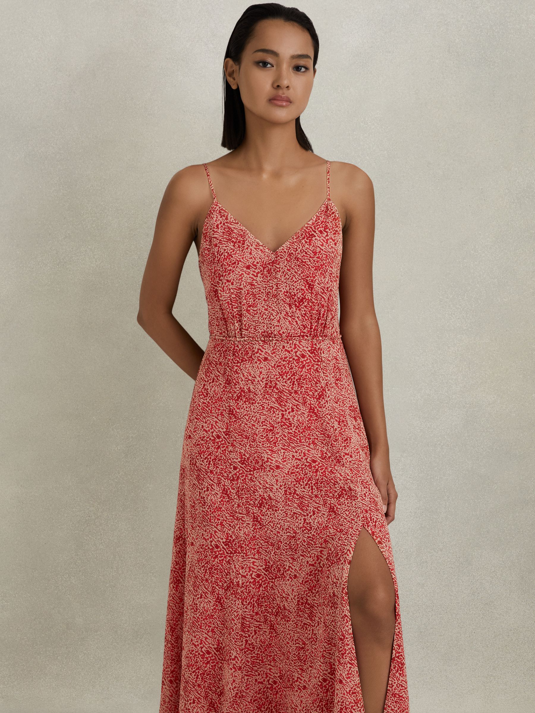 Petite Printed Belted Midi Dress in Red - Image 3 of 8