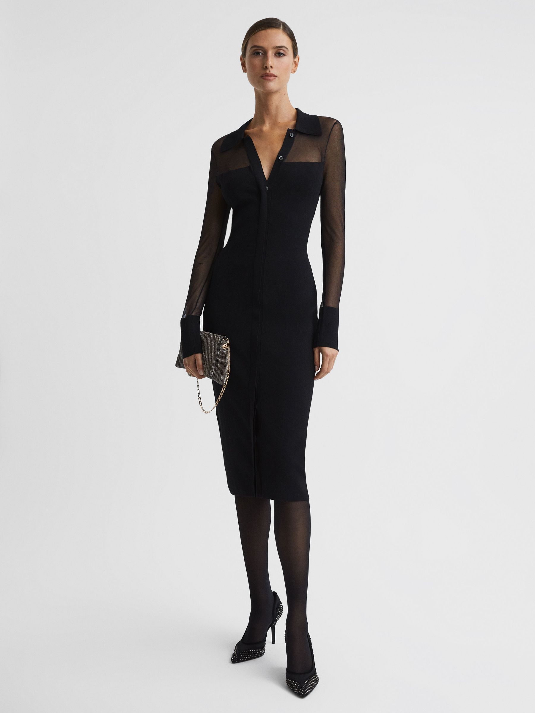 Sheer Knitted Button-Through Midi Dress in Black - Image 1 of 5 Sheer Knitted Button-Through Midi Dress in Black - Image 1 of 5