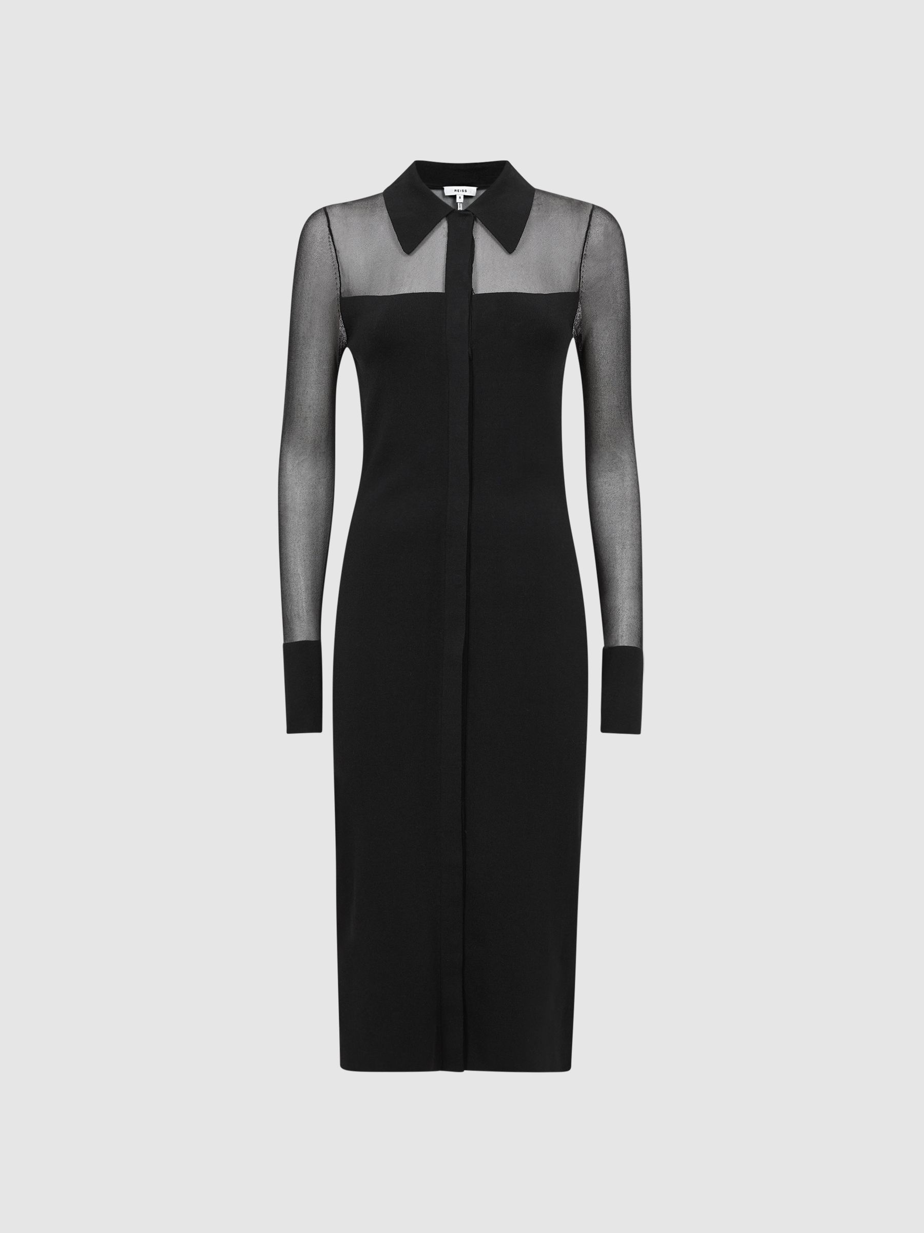 Sheer Knitted Button-Through Midi Dress in Black - Image 2 of 5
