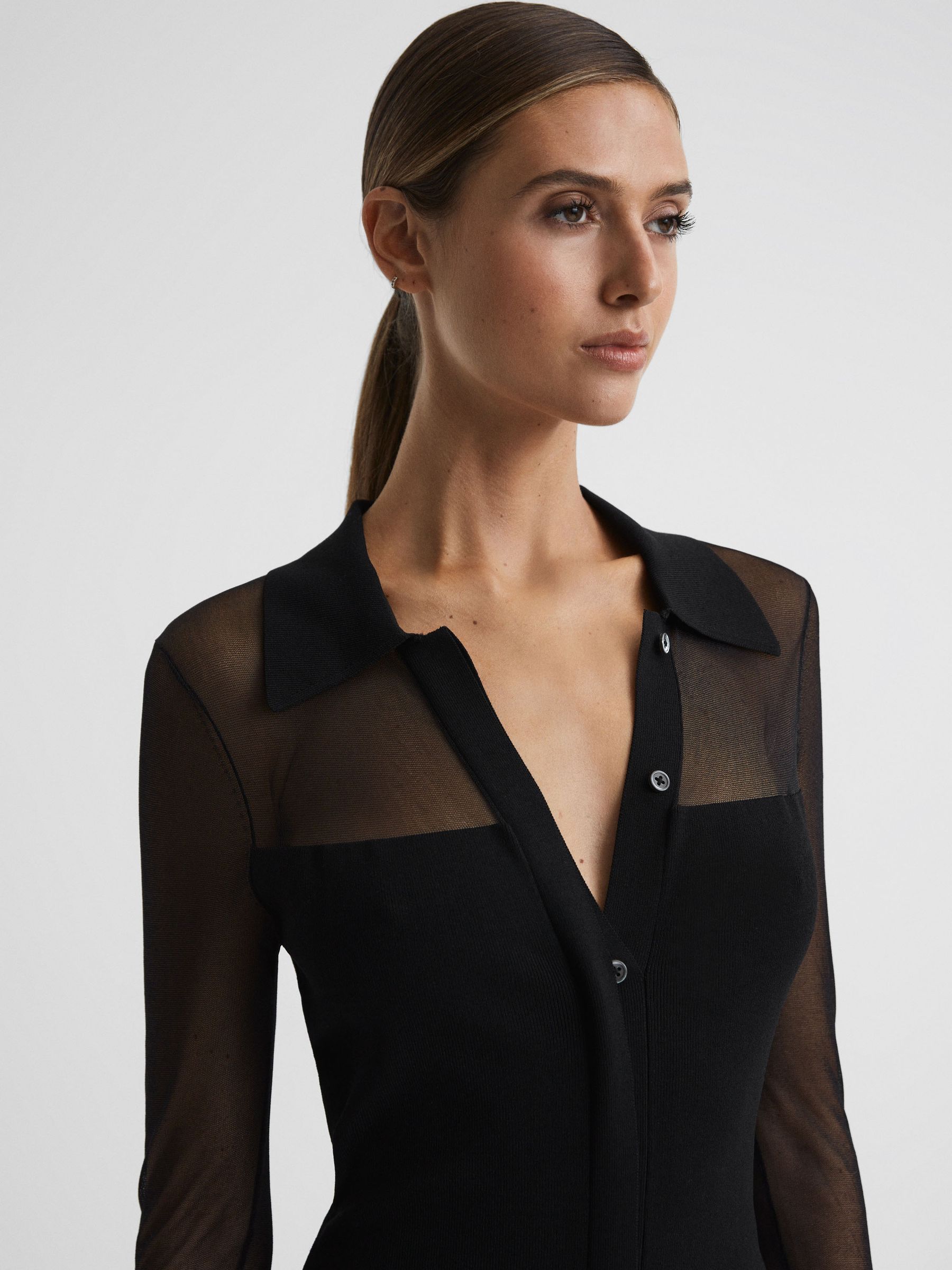 Sheer Knitted Button-Through Midi Dress in Black - Image 4 of 5