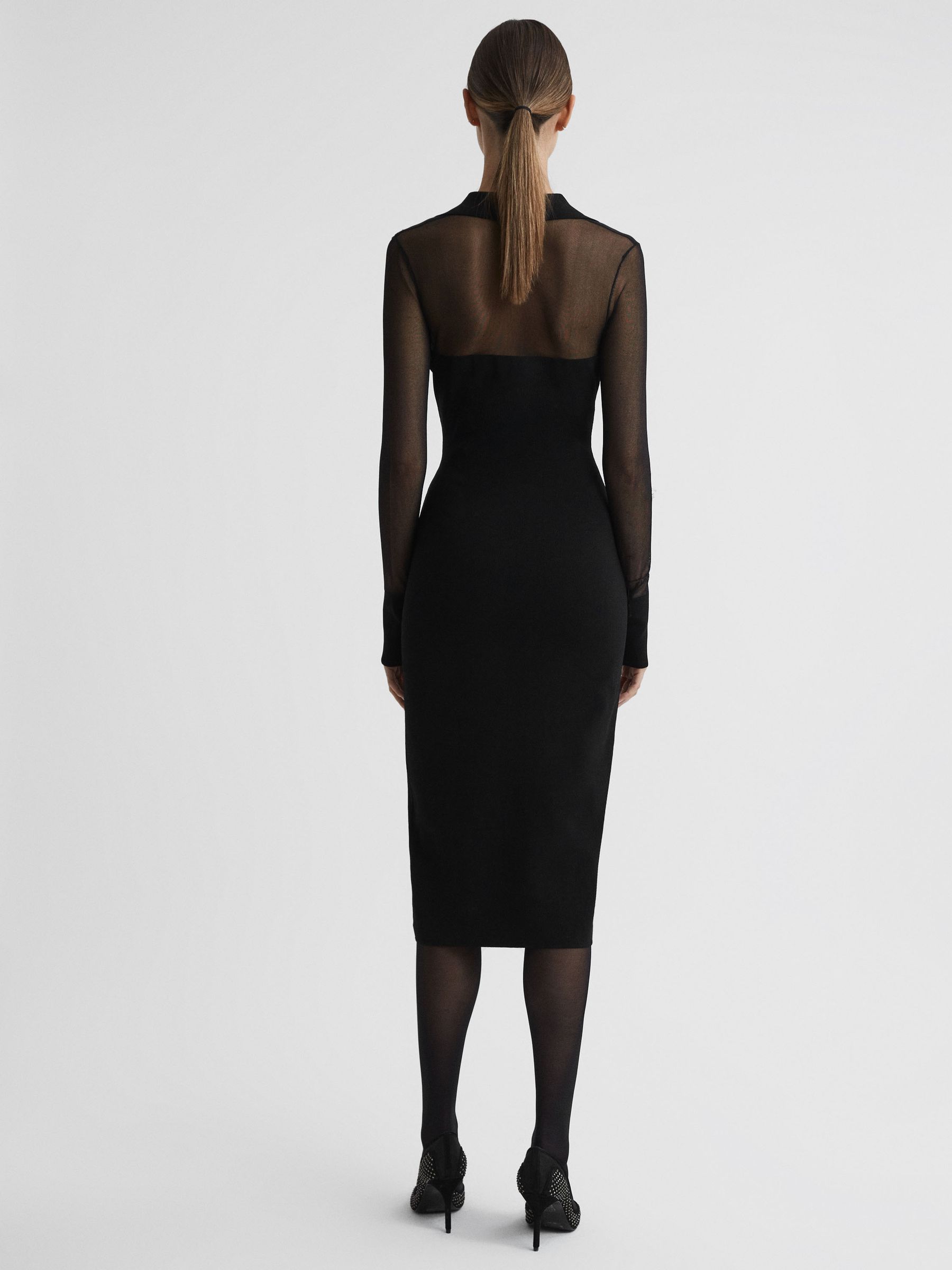 Sheer Knitted Button-Through Midi Dress in Black - Image 5 of 5