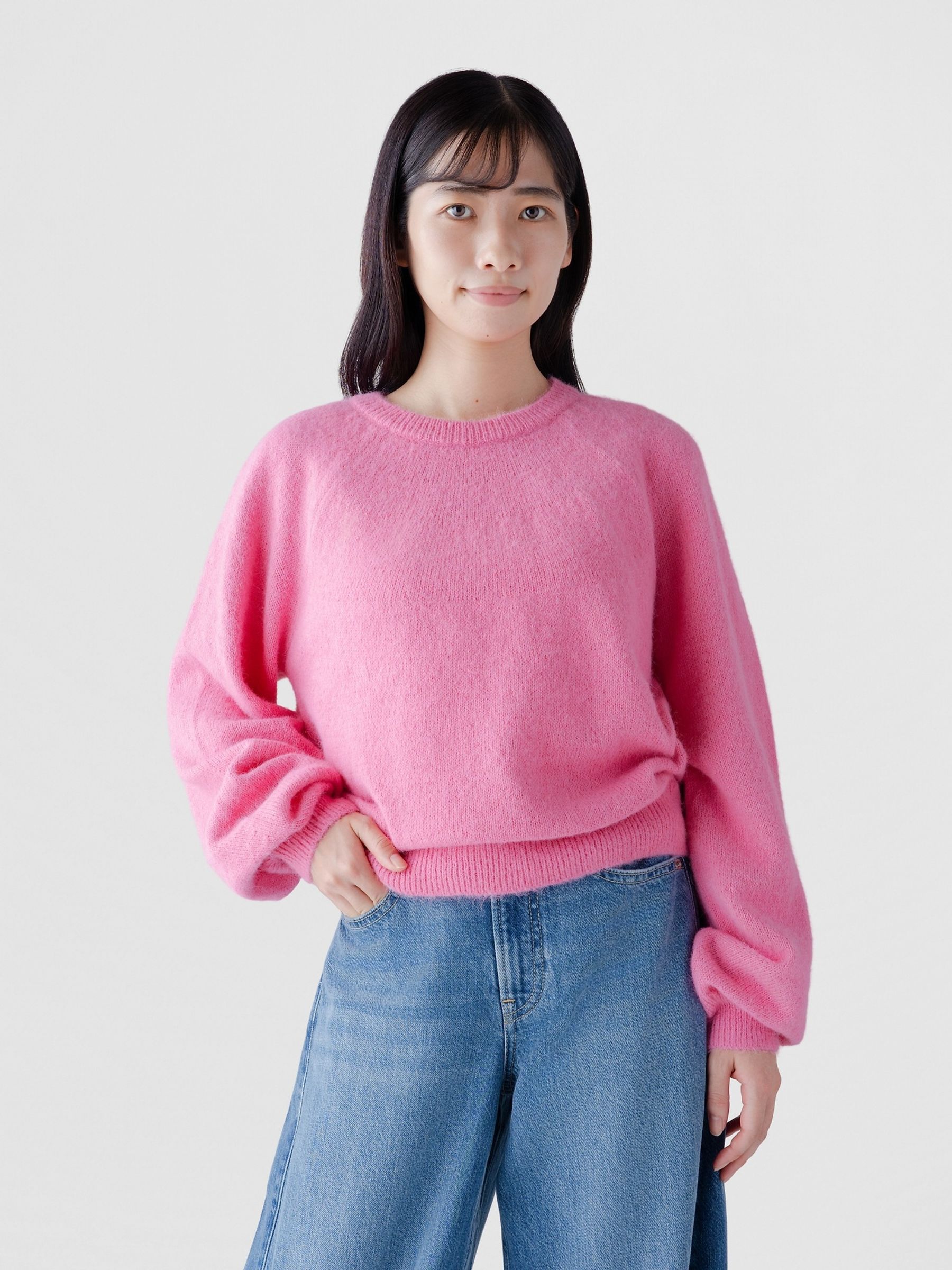 Pink Fuzzy Relaxed Crew Neck Jumper - Image 1 of 2