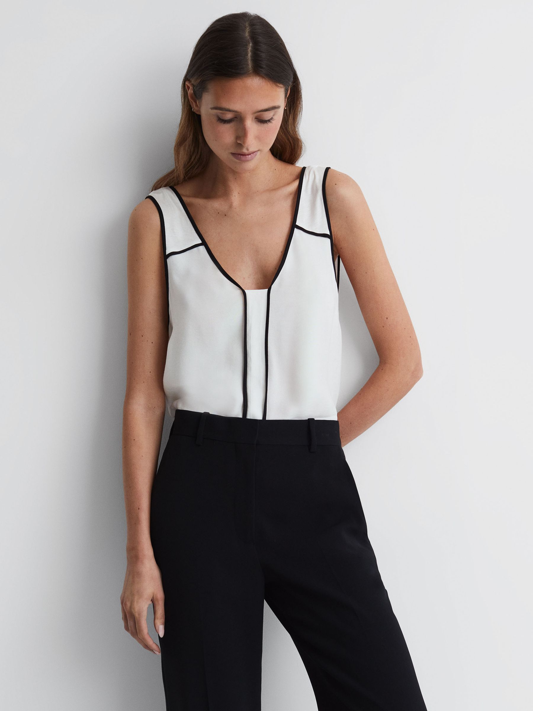 Sleeveless V-Neck Vest in Ivory/Black - Image 1 of 5