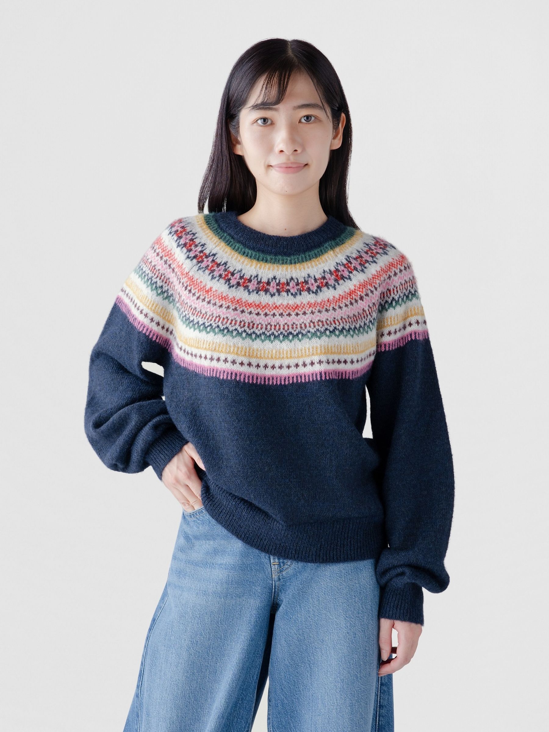Navy Fair Isle Fuzzy Relaxed Crew Neck Jumper - Image 1 of 3
