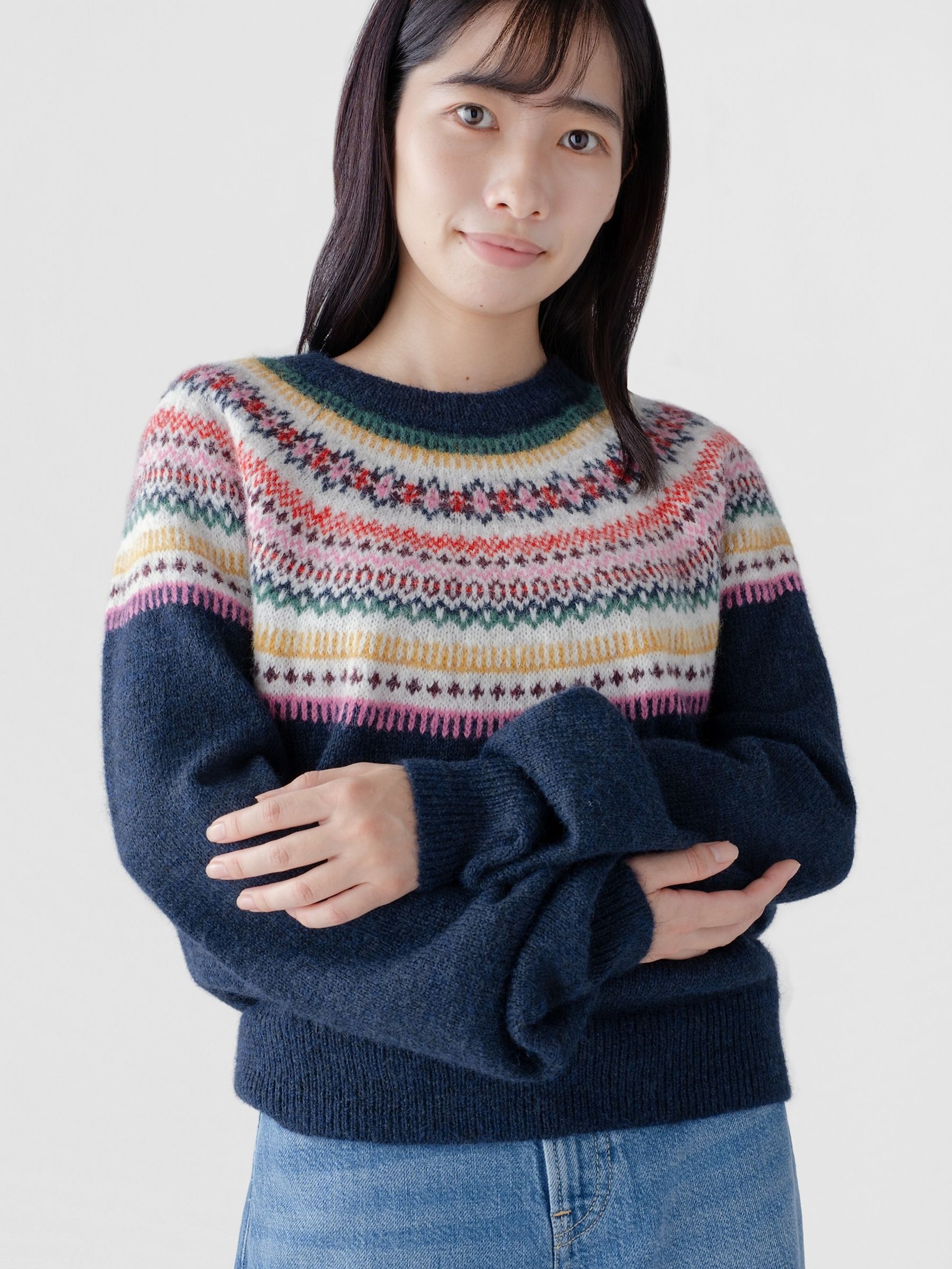 Navy Fair Isle Fuzzy Relaxed Crew Neck Jumper - Image 3 of 3