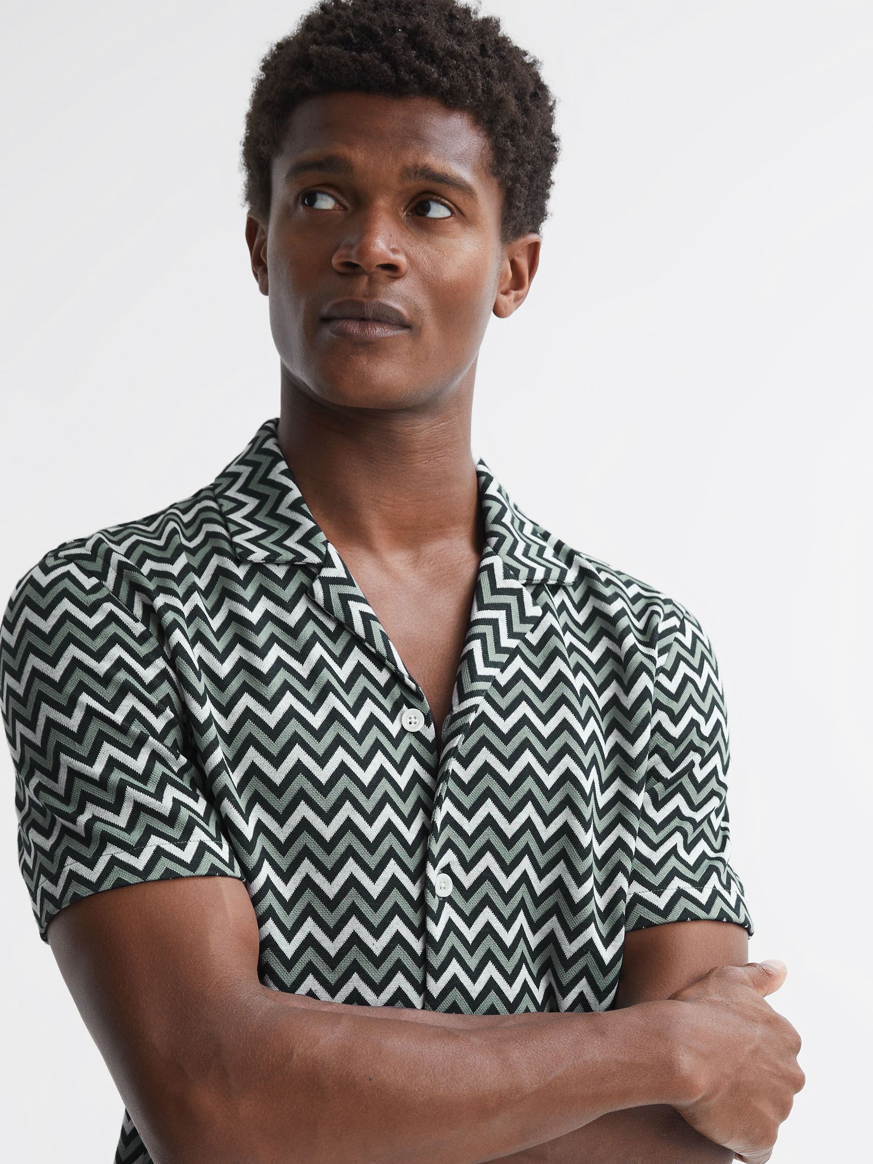 Ribbed Striped Cuban Collar T-Shirt in Multi - Image 1 of 4 Ribbed Striped Cuban Collar T-Shirt in Multi - Image 1 of 4