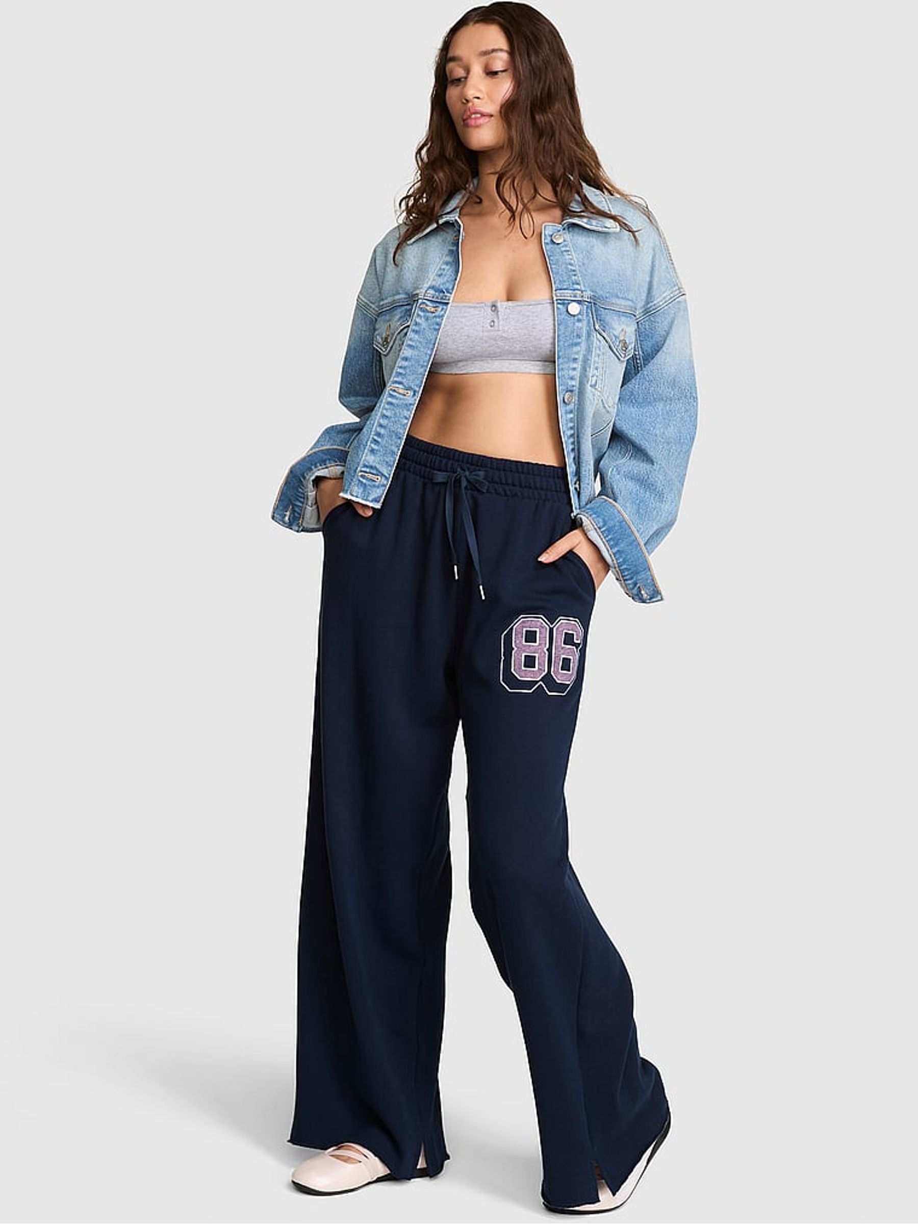 Noir Navy Blue Wide Leg Fleece Joggers - Image 1 of 2
