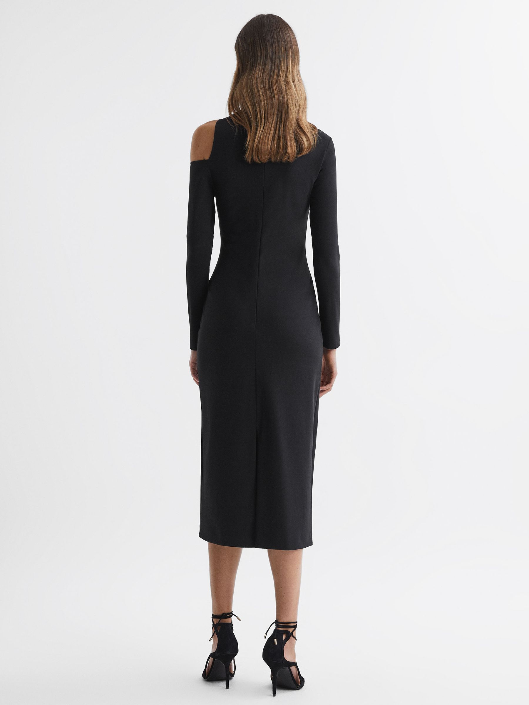 reiss black bodycon dress Reiss Sheer Knitted Bodycon Midi Dress in Black