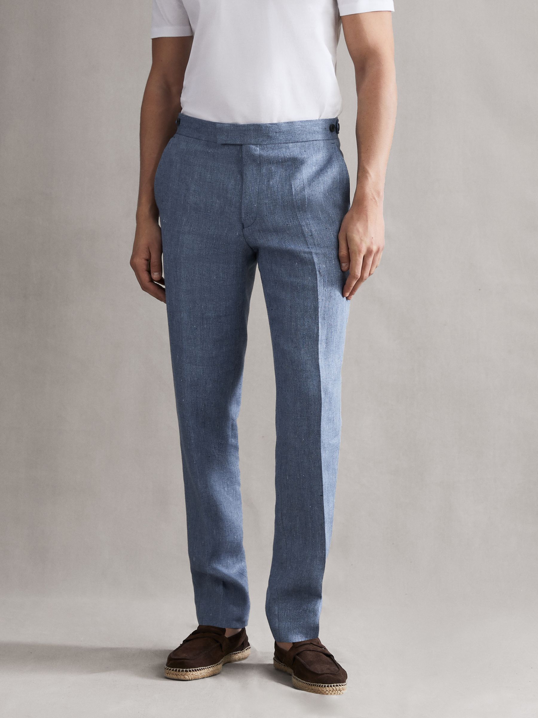 Slim Fit Linen Herringbone Trousers in Chambray - Image 1 of 5