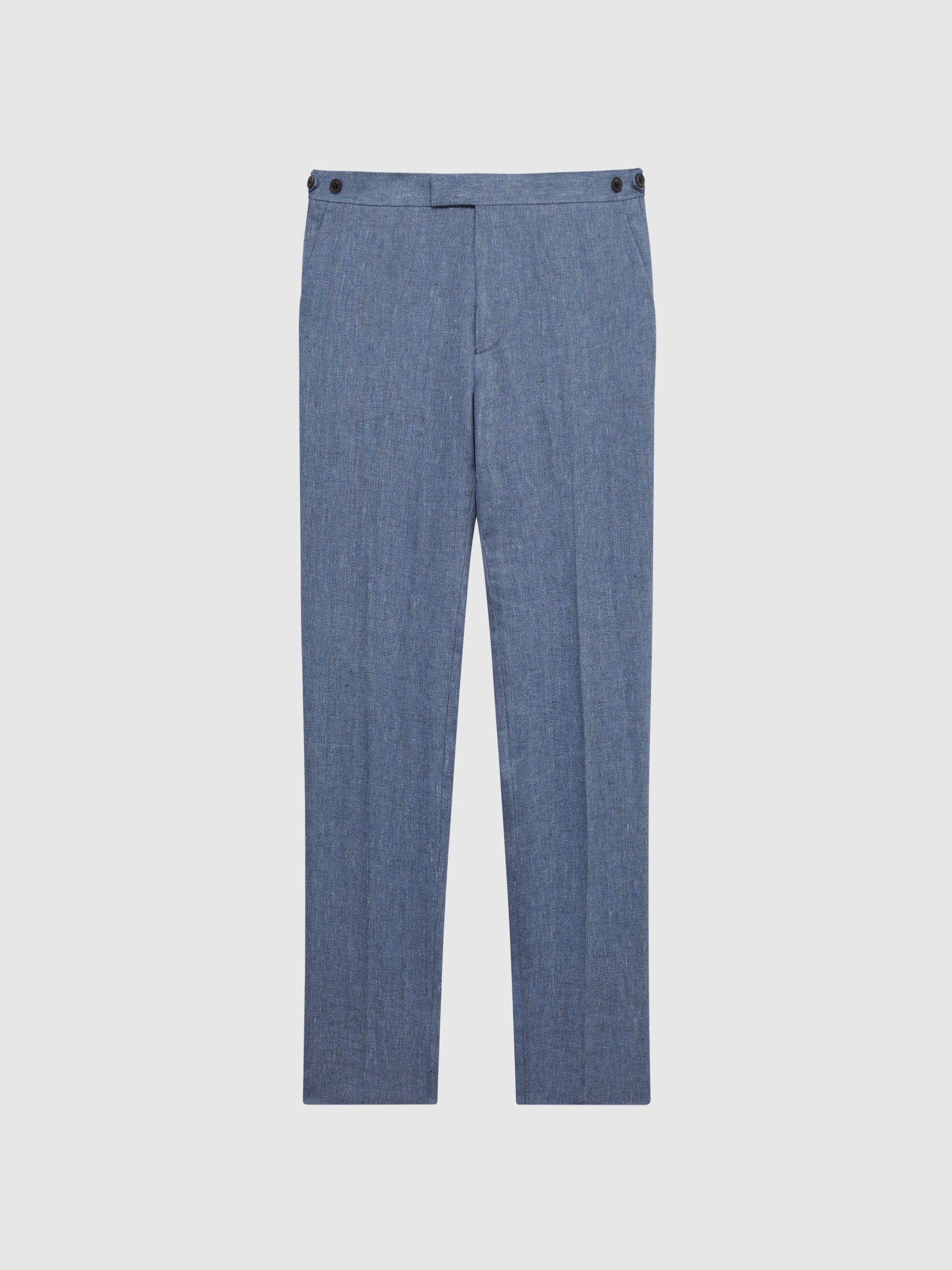 Slim Fit Linen Herringbone Trousers in Chambray - Image 2 of 5