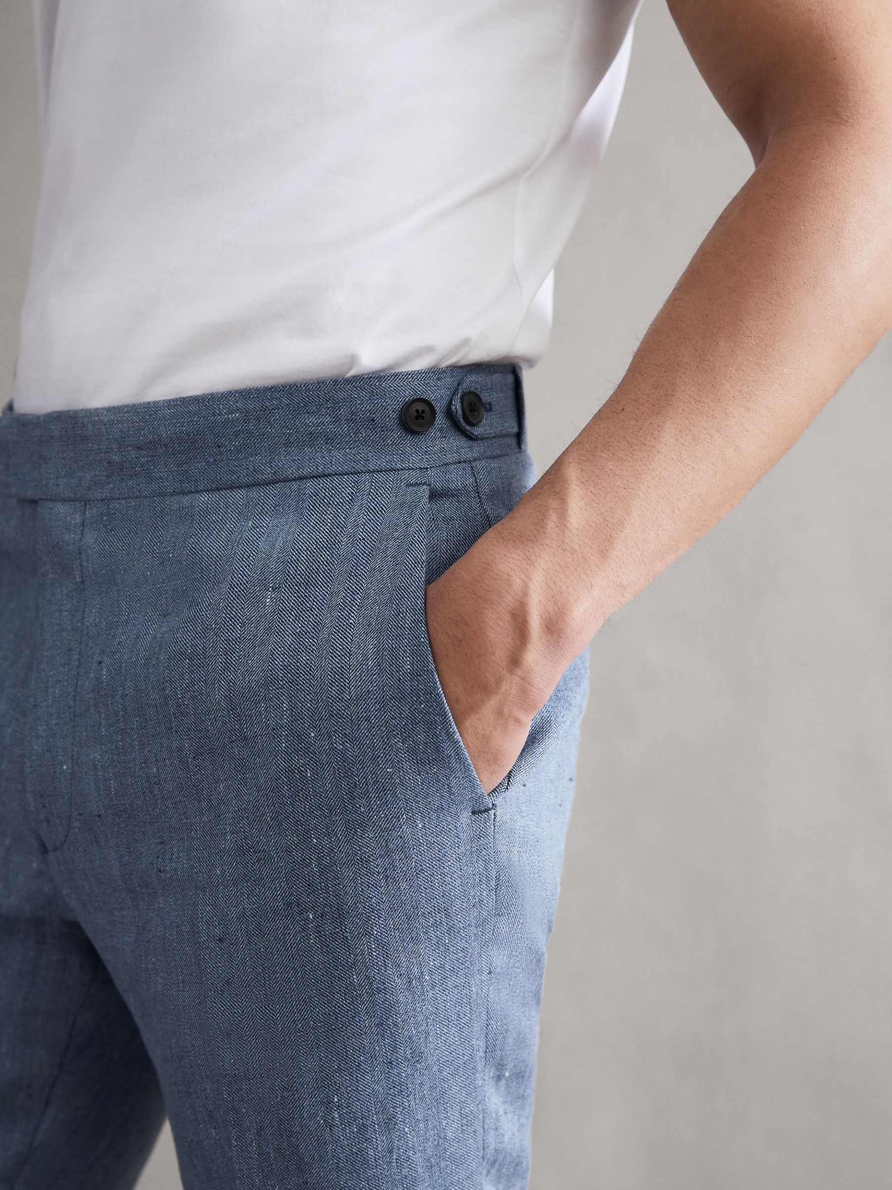 Slim Fit Linen Herringbone Trousers in Chambray - Image 3 of 5