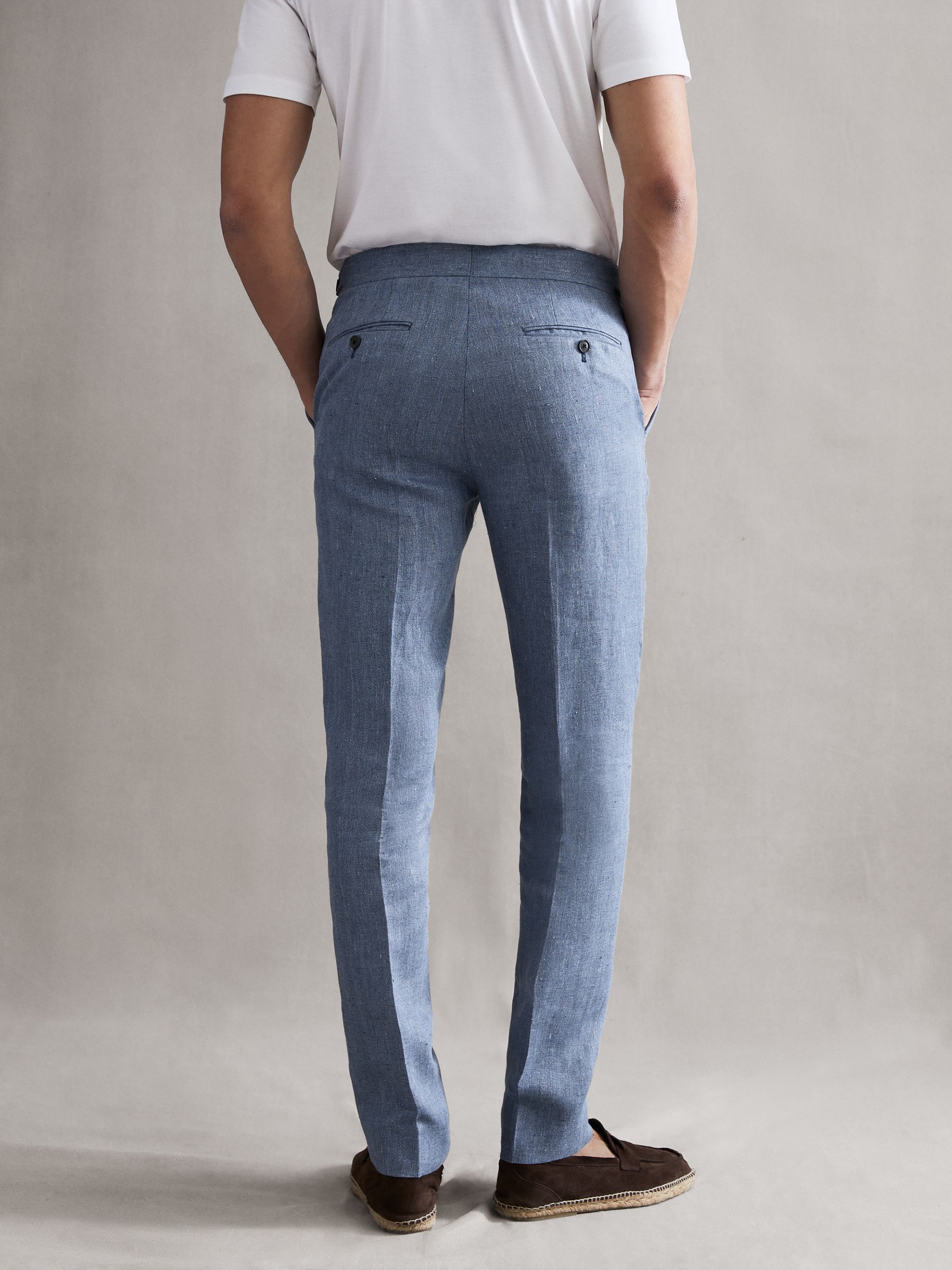 Slim Fit Linen Herringbone Trousers in Chambray - Image 4 of 5