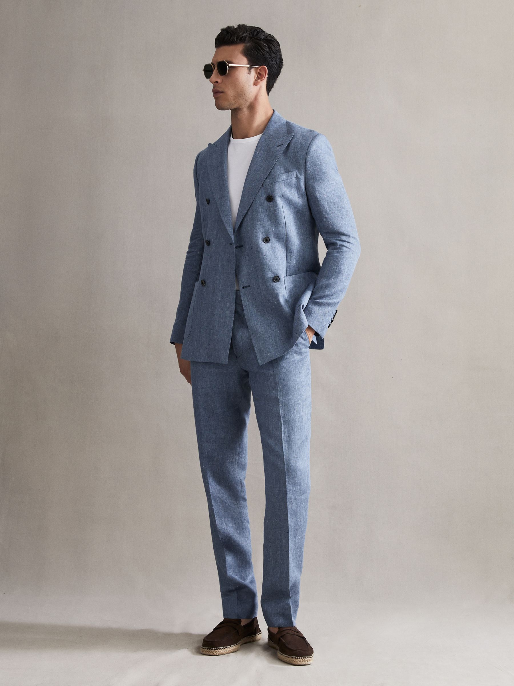 Slim Fit Linen Herringbone Trousers in Chambray - Image 5 of 5