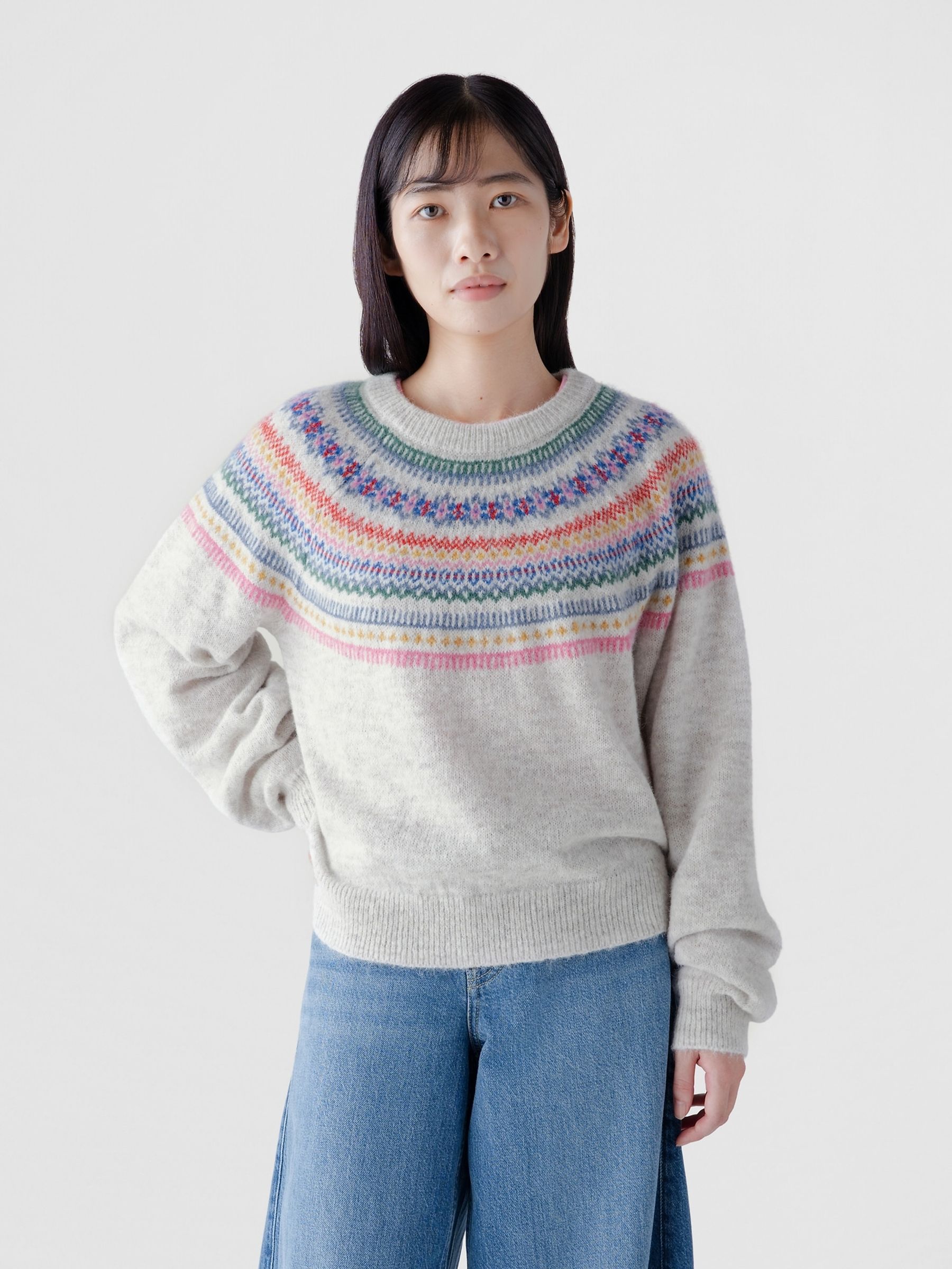 Grey Fair Isle Fuzzy Relaxed Crew Neck Jumper - Image 1 of 3