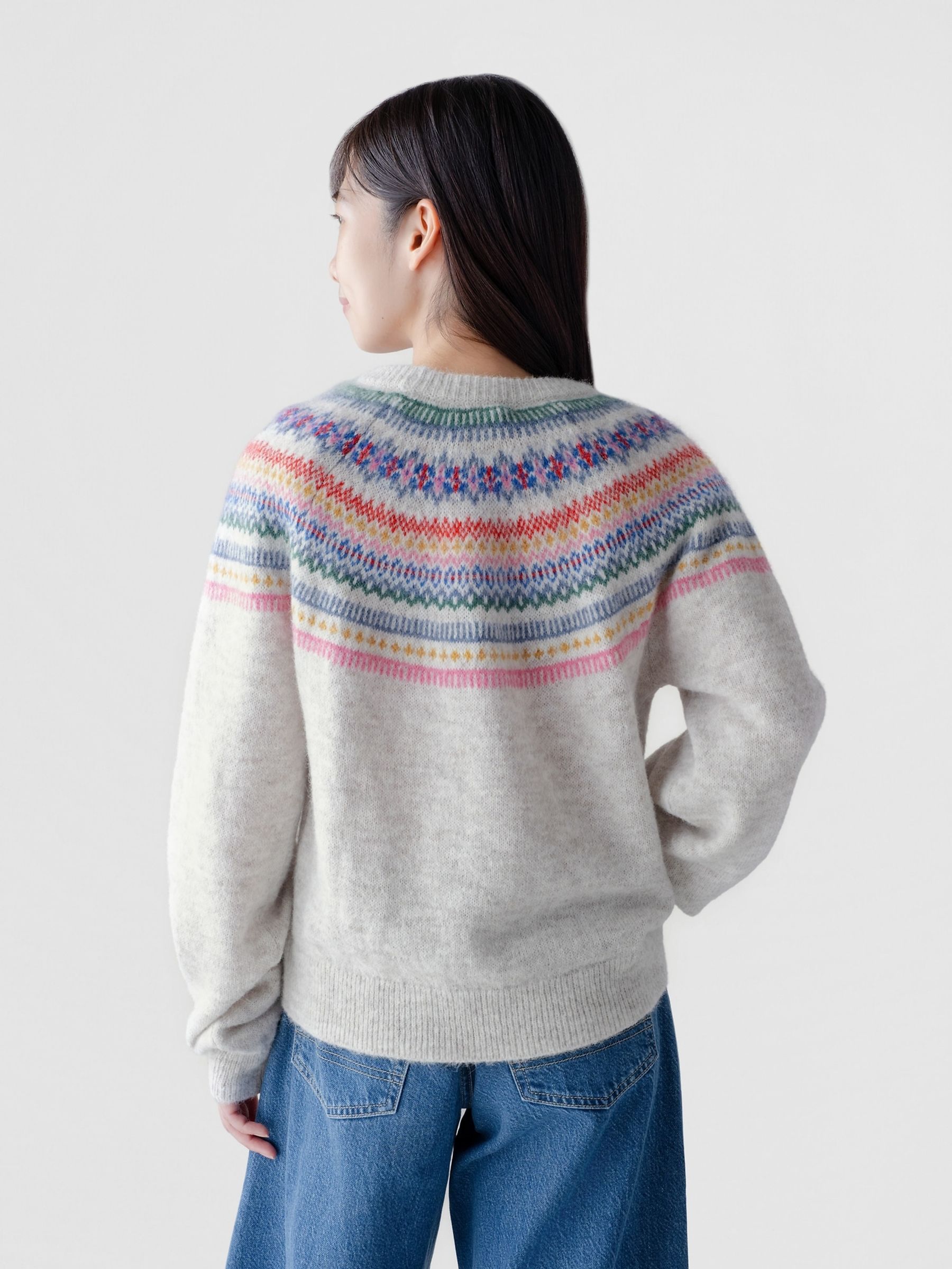 Grey Fair Isle Fuzzy Relaxed Crew Neck Jumper - Image 2 of 3