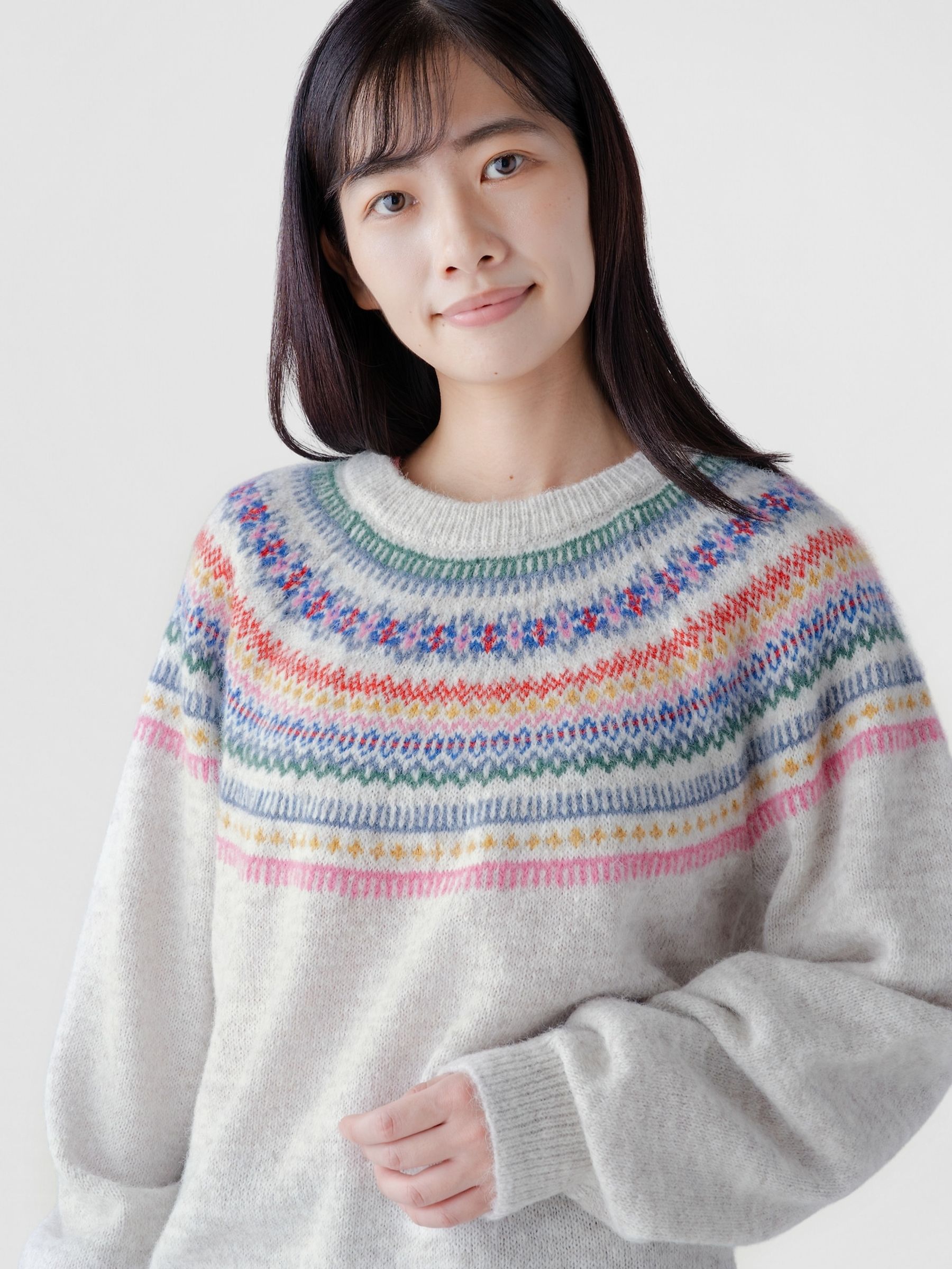 Grey Fair Isle Fuzzy Relaxed Crew Neck Jumper - Image 3 of 3