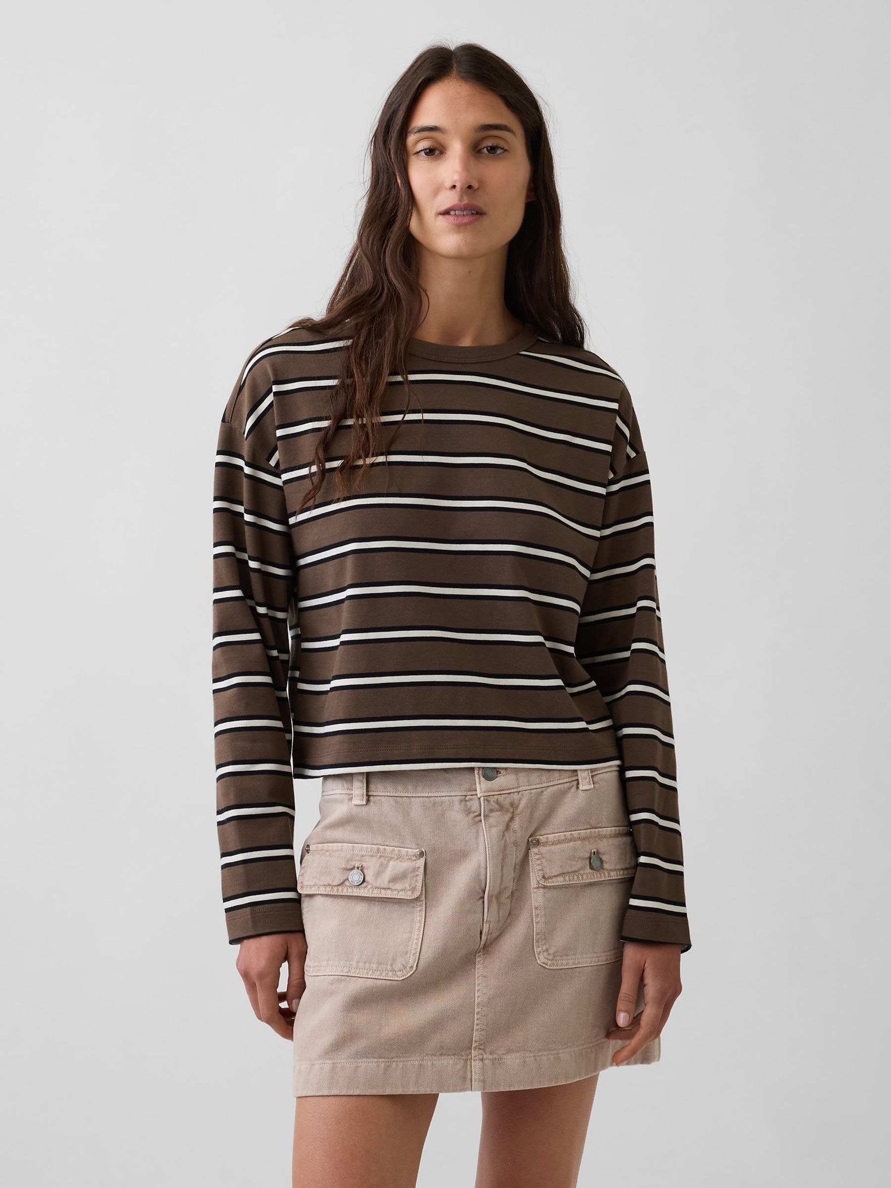 Brown Stripe Knit Oversized Long Sleeve Crop T-Shirt - Image 1 of 3