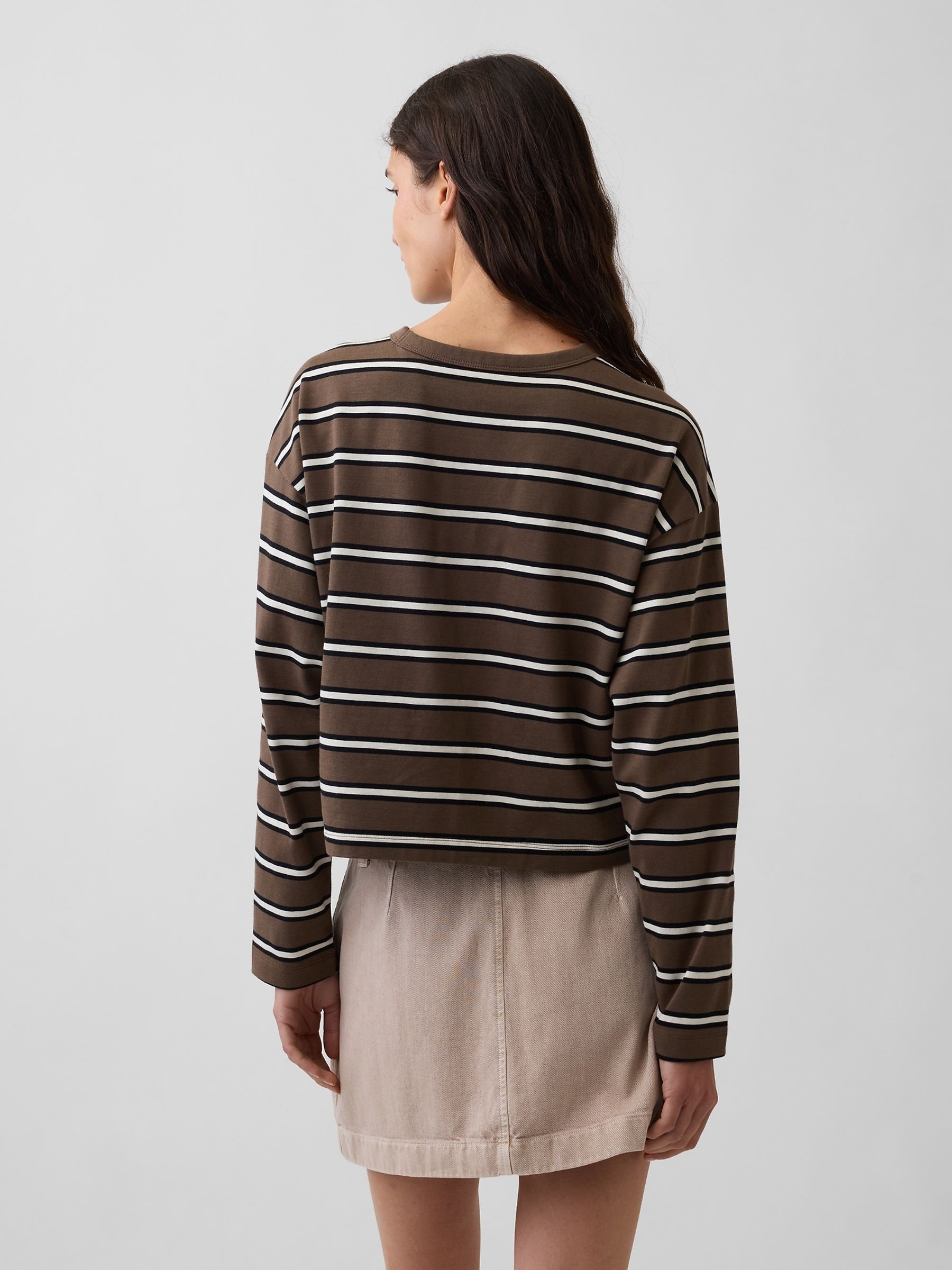 Brown Stripe Knit Oversized Long Sleeve Crop T-Shirt - Image 2 of 3