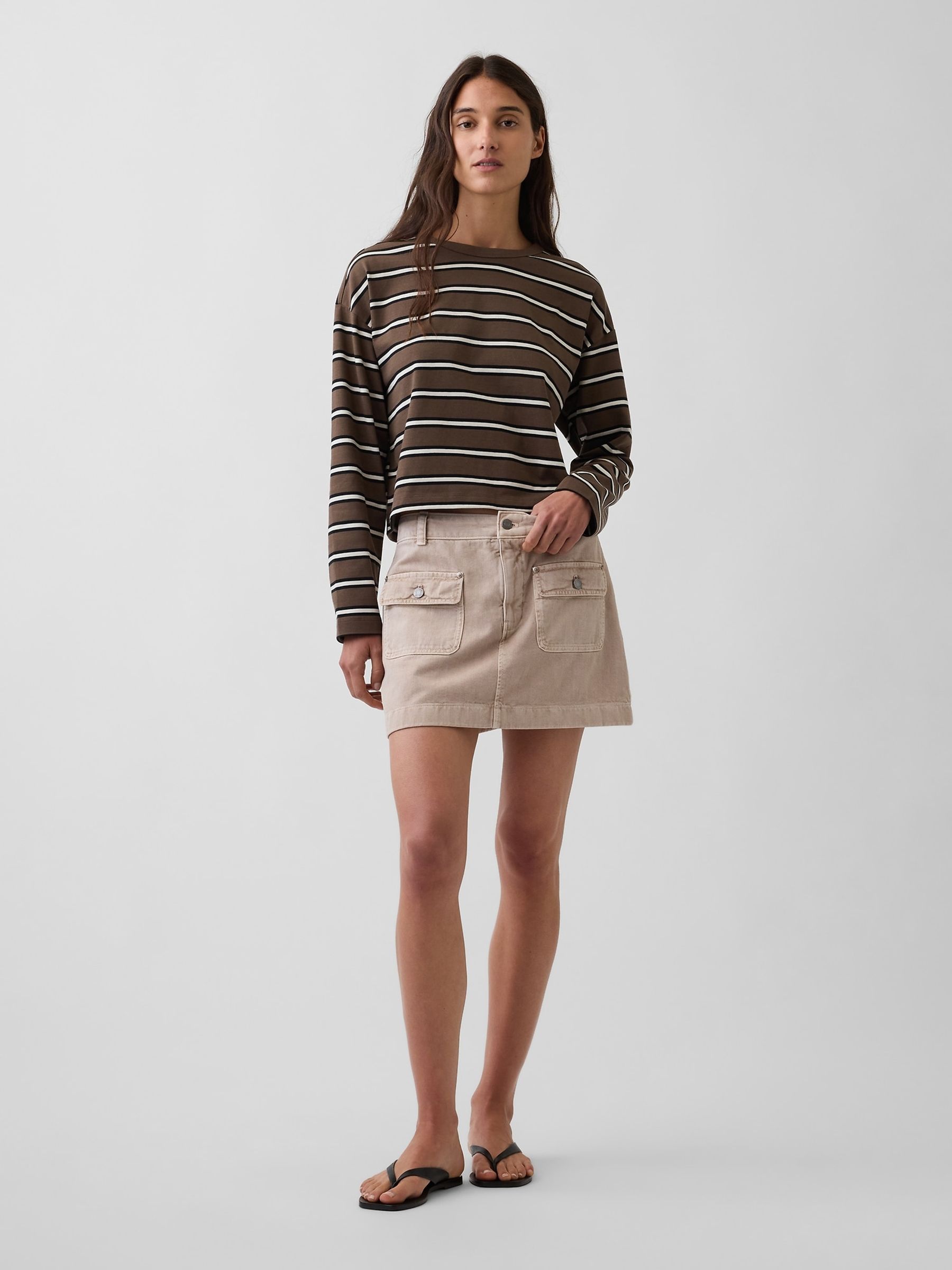 Brown Stripe Knit Oversized Long Sleeve Crop T-Shirt - Image 3 of 3