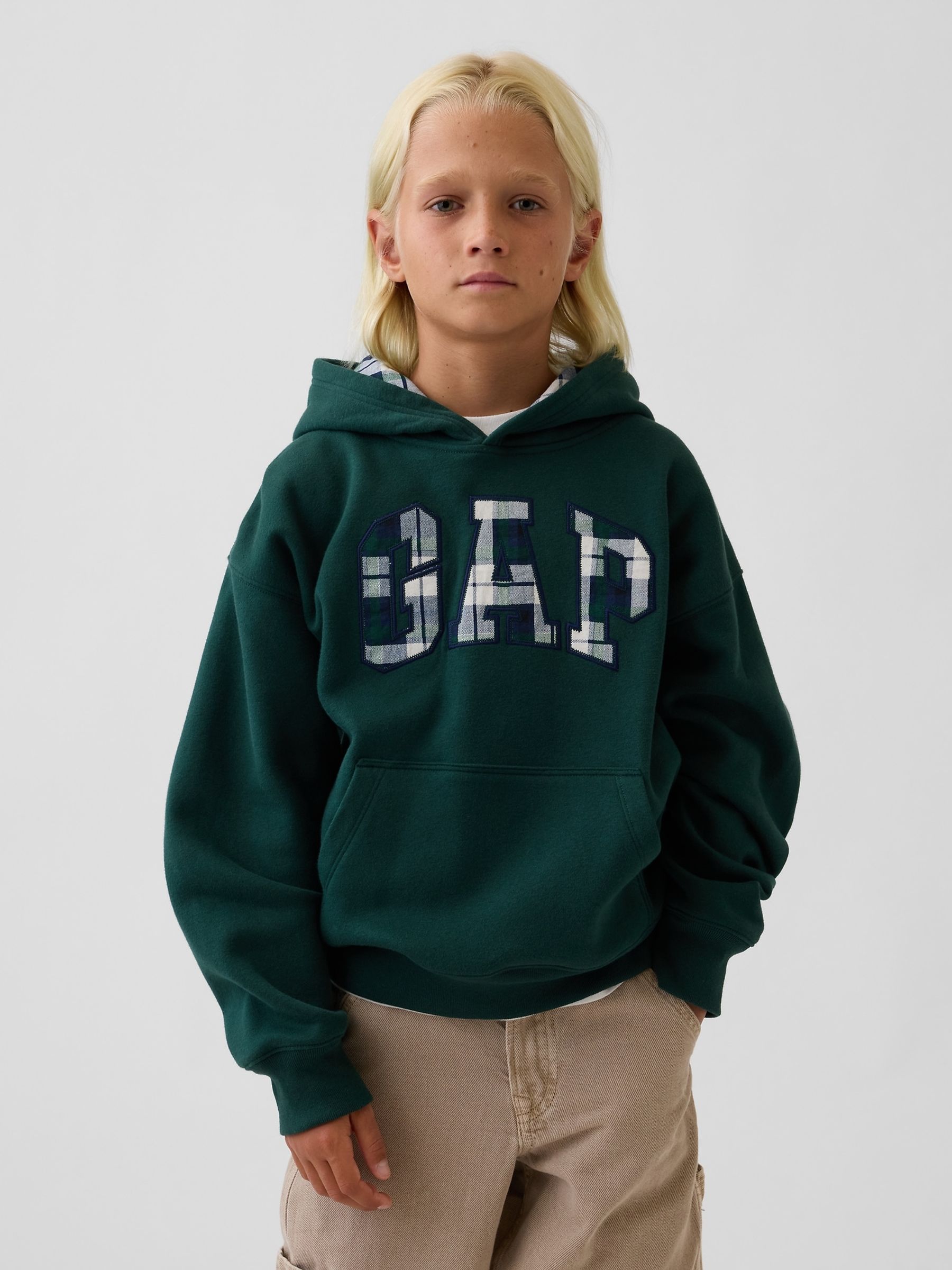 Green Check Vintage Soft Relaxed Logo Hoodie - Image 1 of 4 Green Check Vintage Soft Relaxed Logo Hoodie - Image 1 of 4